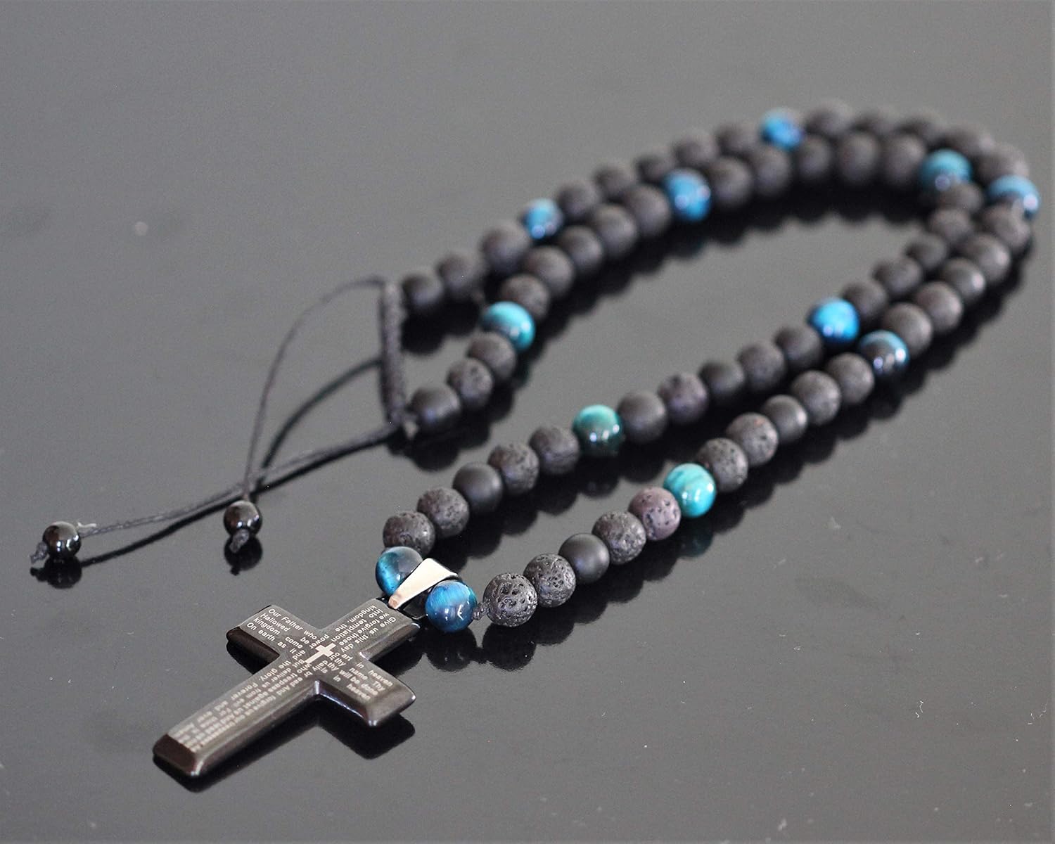 Men’s Cross Necklace Natural Blue Tiger Eye Black Onyx Lava Beaded Long Crystal Protection Healing Gemstone Necklace Christmas Gift For Him