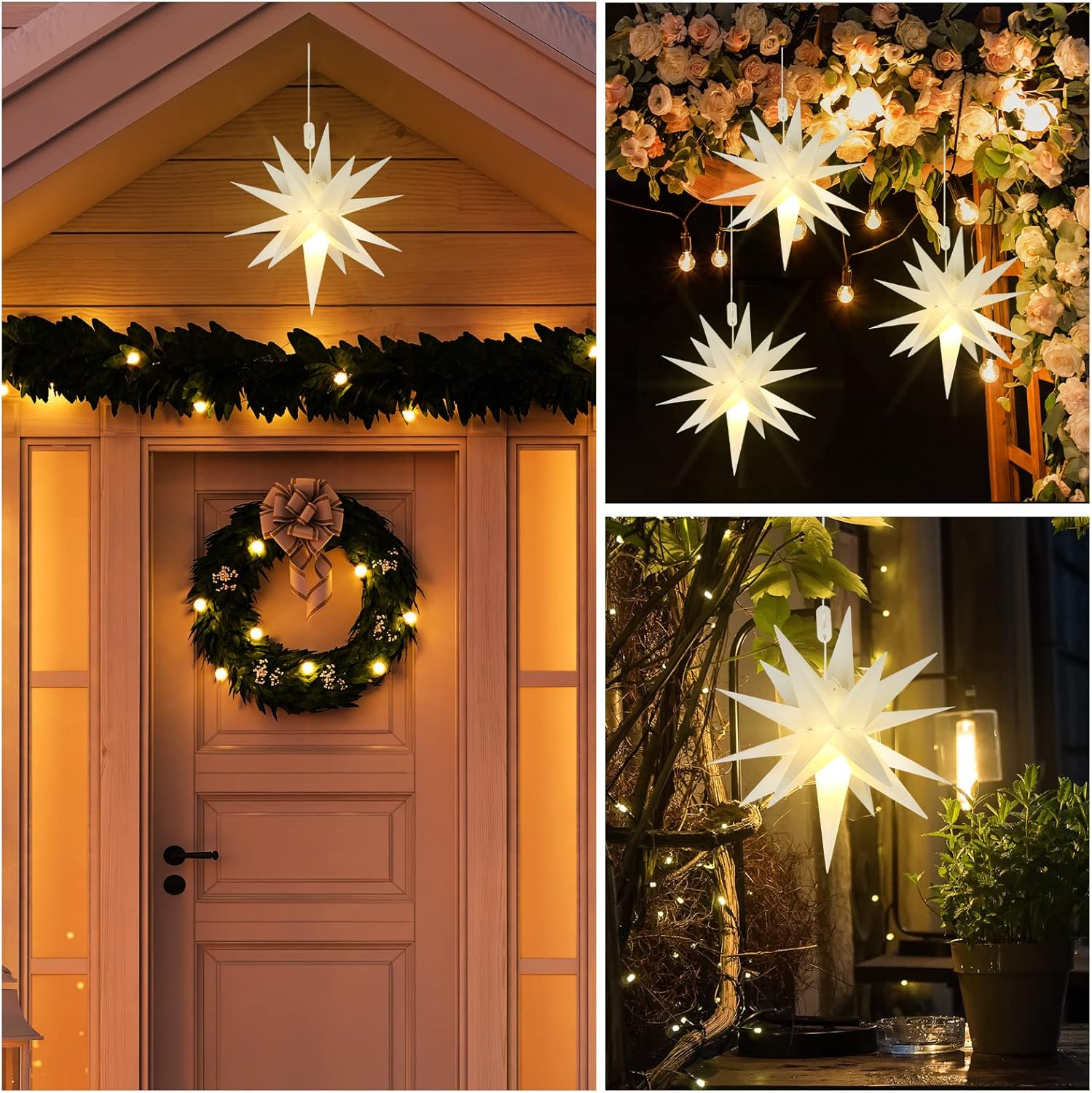 8 luces de estrella moravia 3D LED colgantes de estrella alimentadas por batería con función de temporizador, luz blanca para porche, decoración
