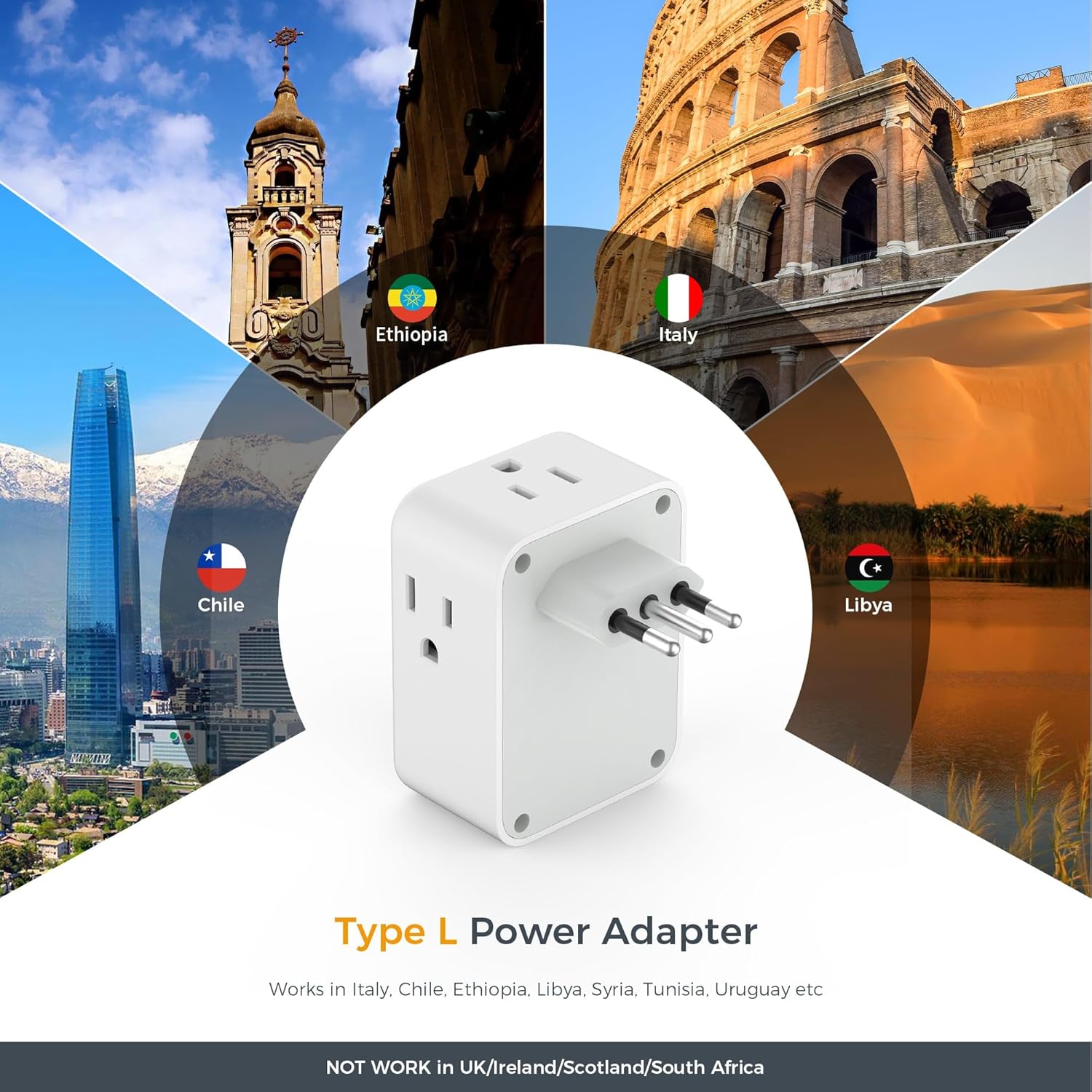 Adaptador de enchufe de viaje para Italia, adaptador de corriente TESSAN Italia con 4 tomacorrientes, 3 USB (1 puerto USB C), adaptador de enchufe