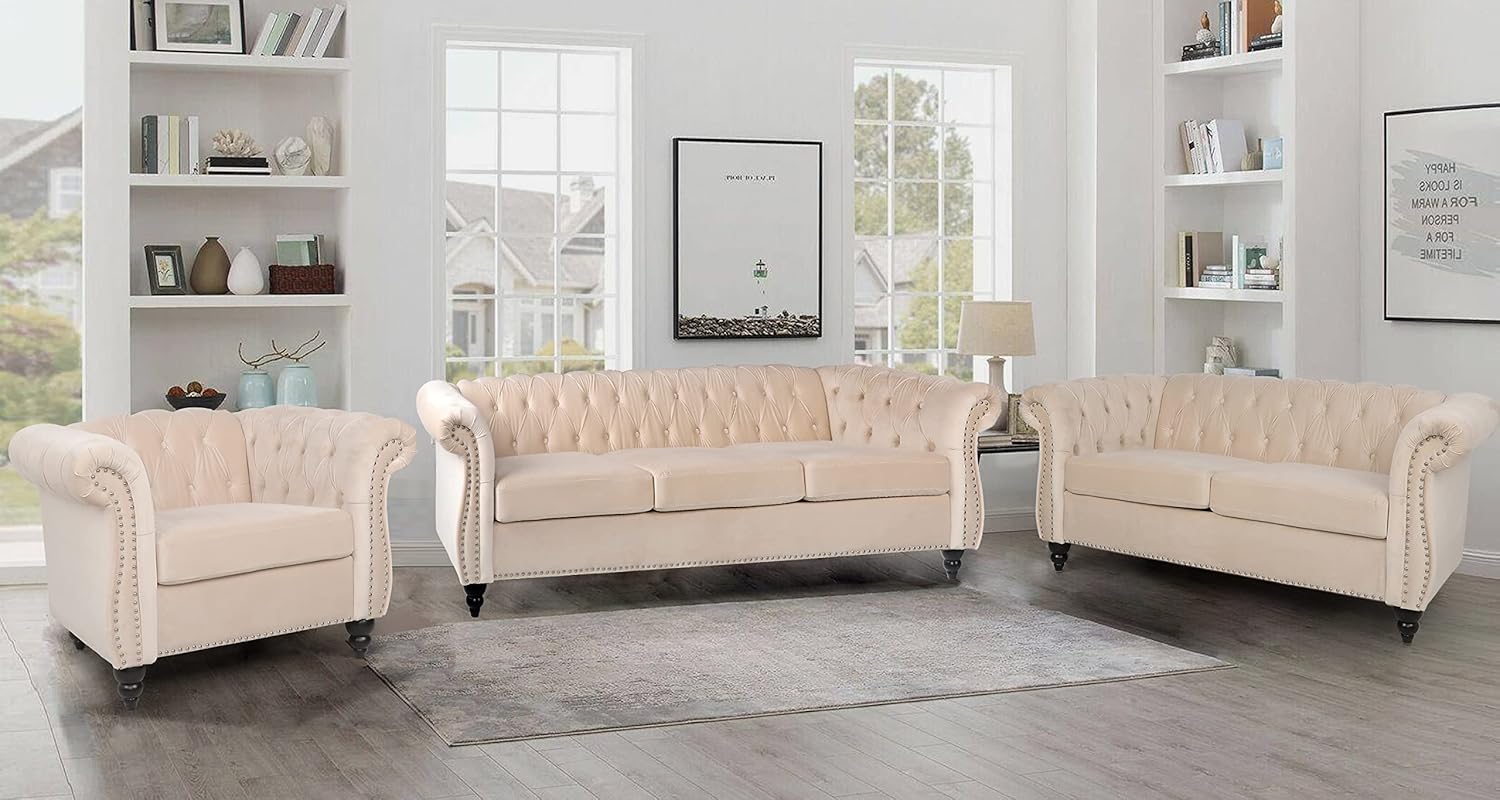 Juego de 2 muebles de sala de estar, juego de sofás Chesterfield de terciopelo Chesterfield y sillas de club Chesterfield con brazos de