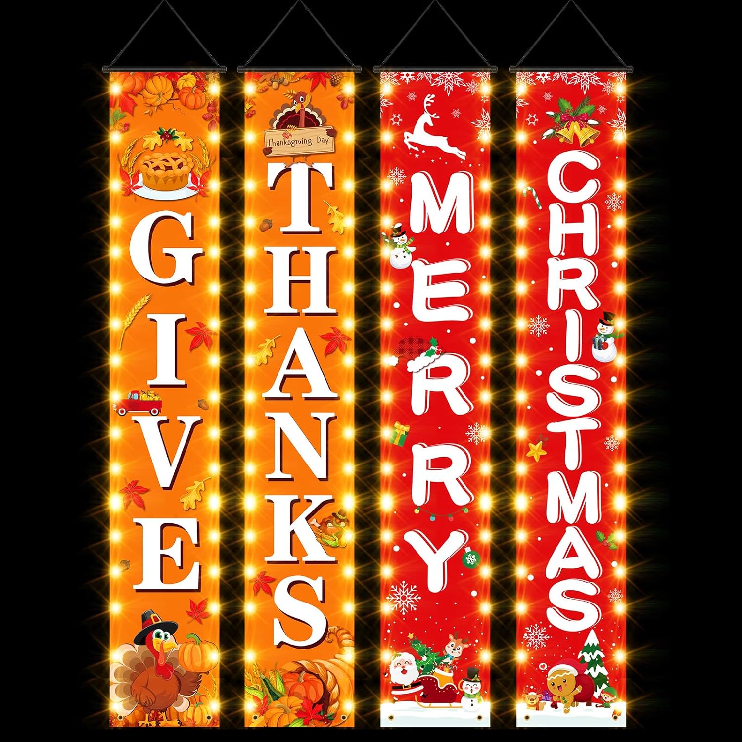 2 pares de carteles de Navidad y Acción de Gracias para porche con cadena de luces LED, Acción de Gracias, Navidad, colgantes, decoración de puerta