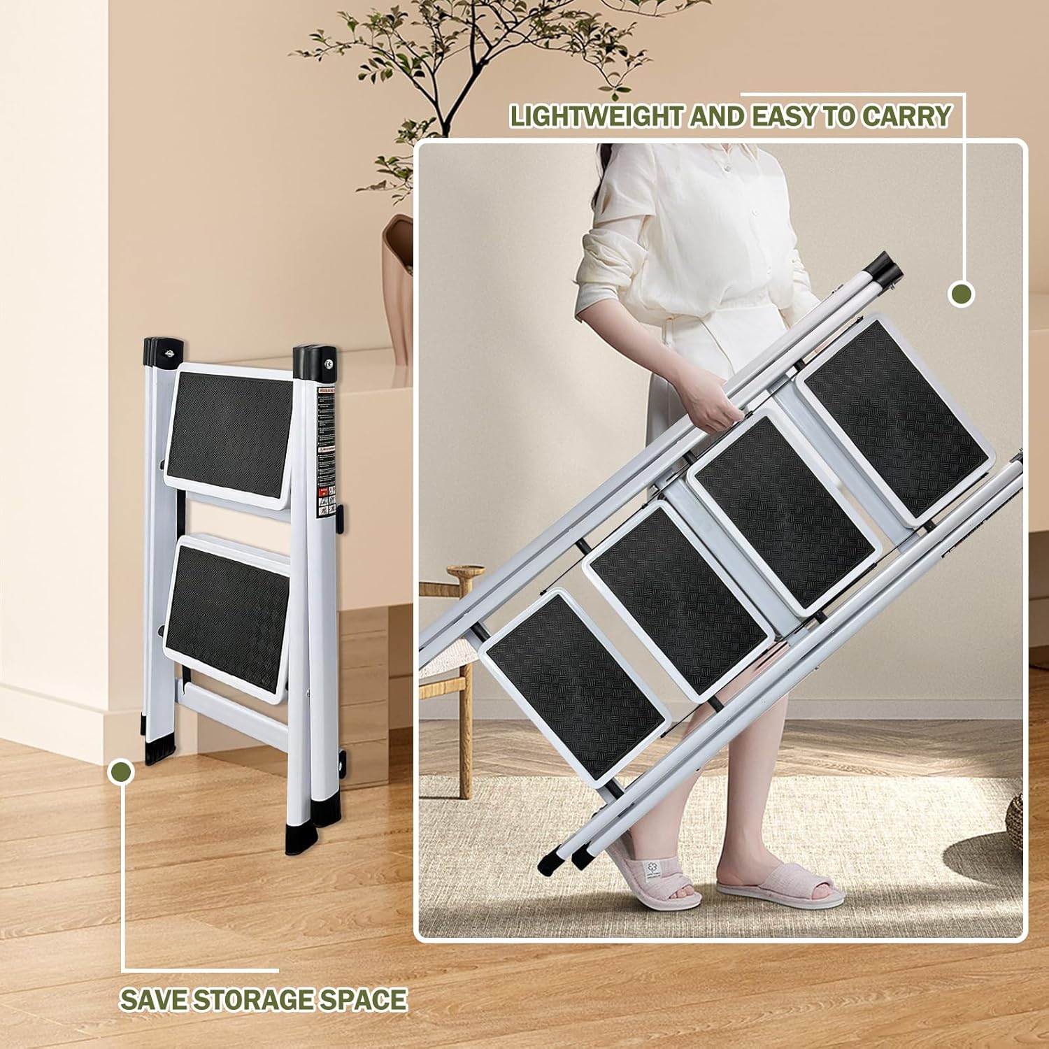Escalera plegable con pedal antideslizante ancho, escaleras portátiles de acero resistente, ligero para cocina, hogar y oficina (3 escalones)