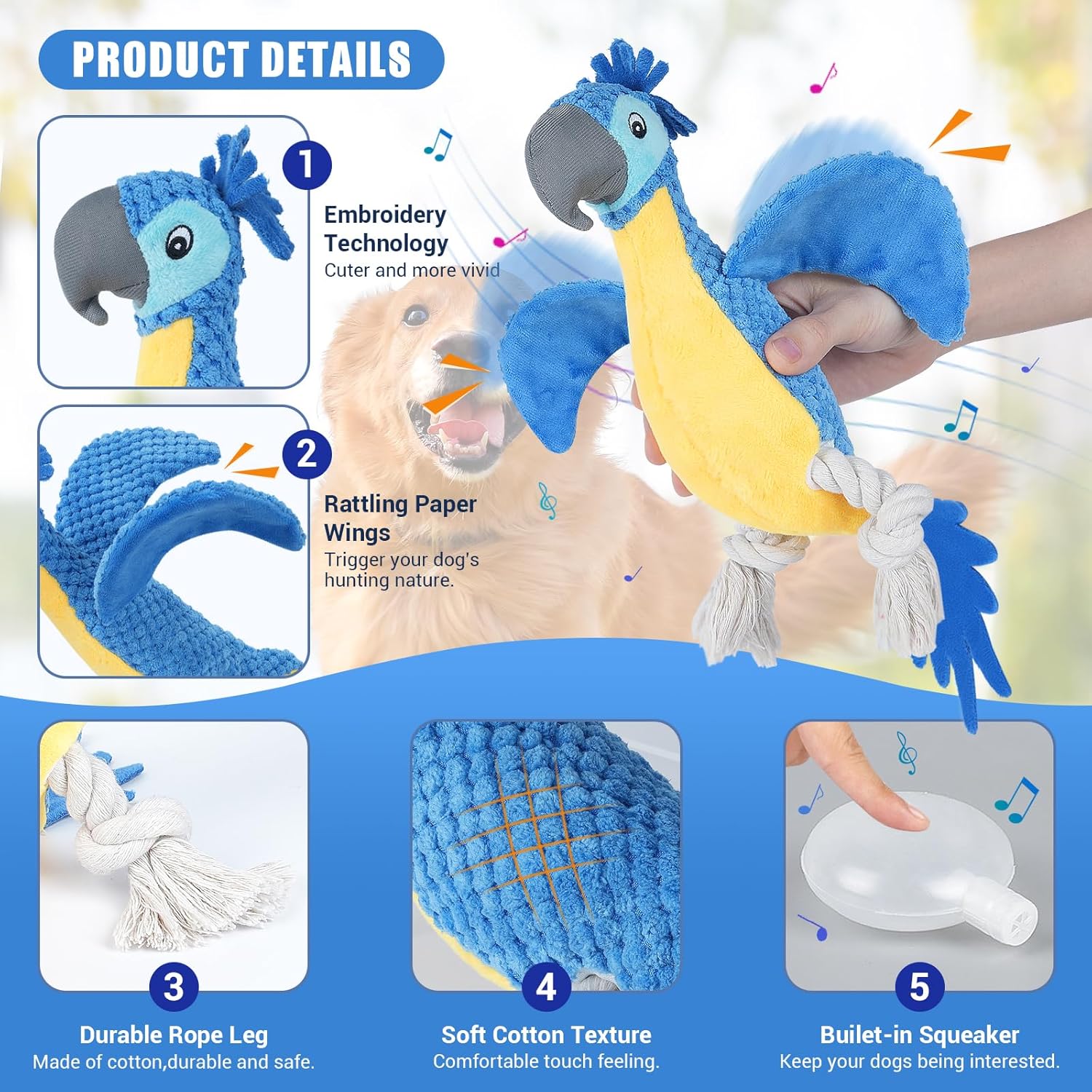 ROSAUI 2 juguetes chirriantes de felpa para perros, exquisito diseño de loro, pana suave con textura de piña, juego interactivo para perros