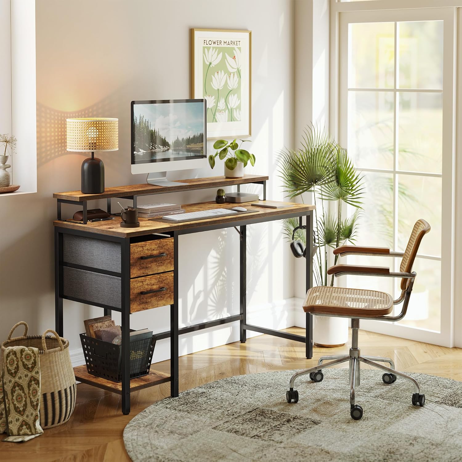 CubiCubi Escritorio para computadora de 47 pulgadas con cajones y soporte para monitor, escritorio de oficina en casa con almacenamiento, mesa de