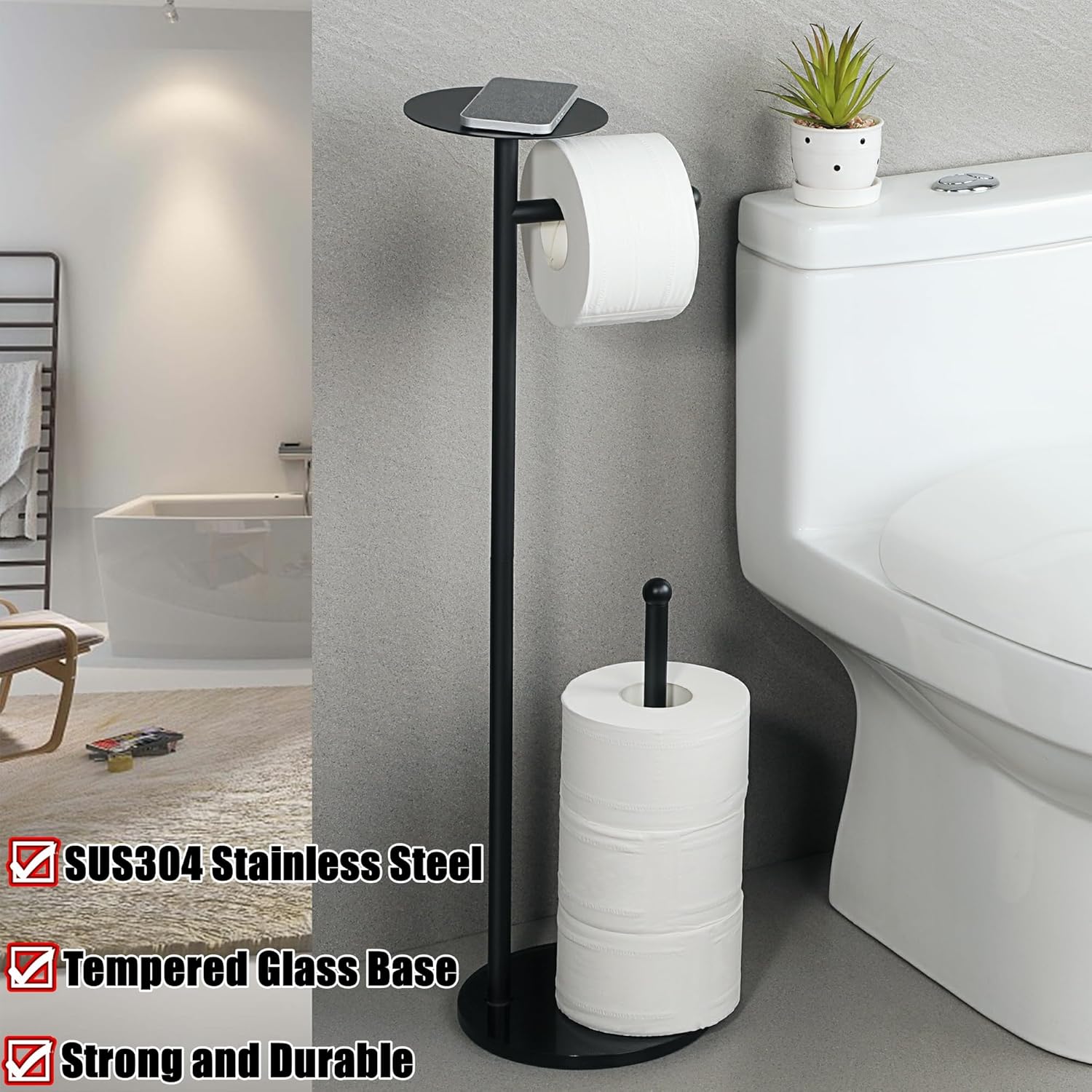 Alise Soporte de papel higiénico, soporte de rollo de papel higiénico independiente con reserva y estante para teléfono móvil para baño, rollo