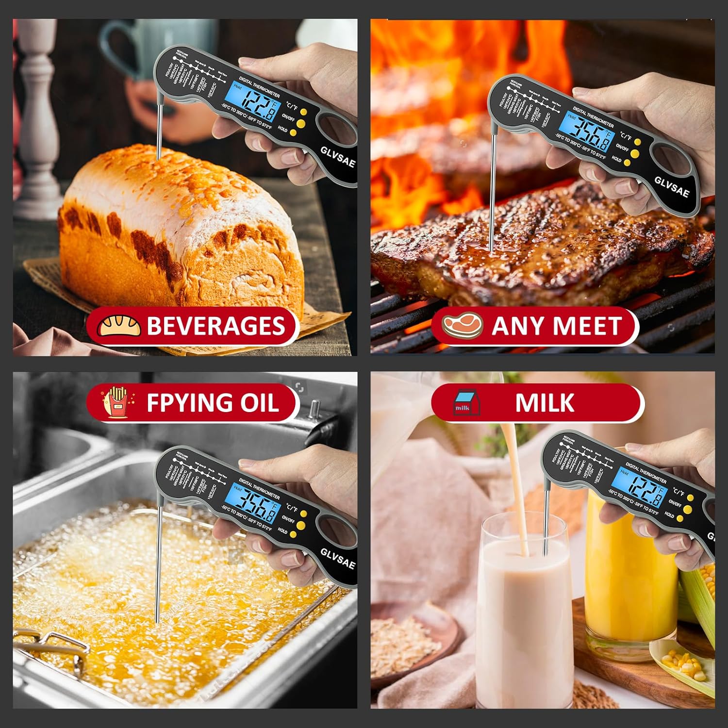 Termómetro digital impermeable para carne de lectura instantánea con sonda plegable de 4.6 pulgadas, retroiluminación y función de calibración para