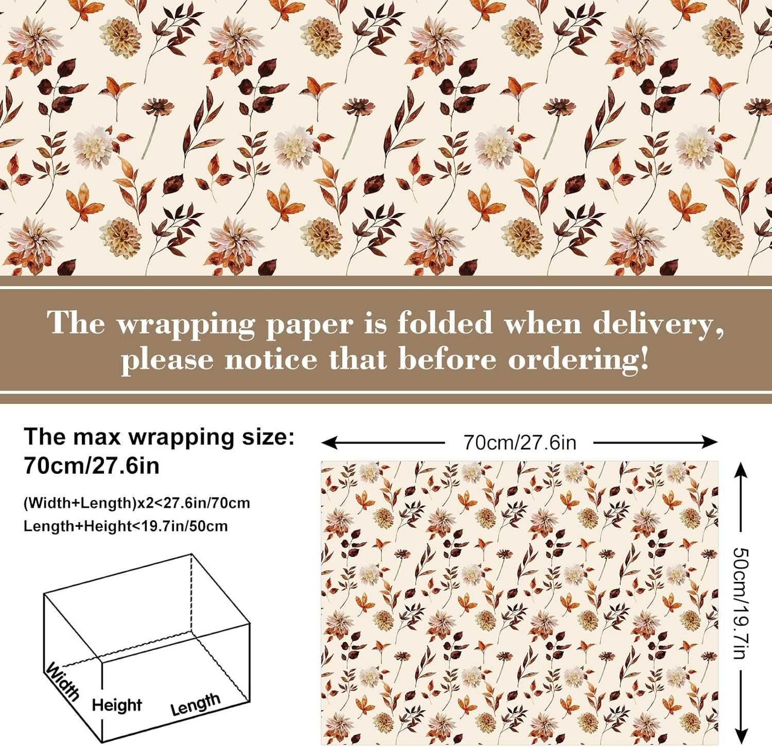 AnyDesign 12 hojas de papel de regalo de otoño con hojas florales de otoño, papel de regalo plegado a granel, papel de arte vintage plano para