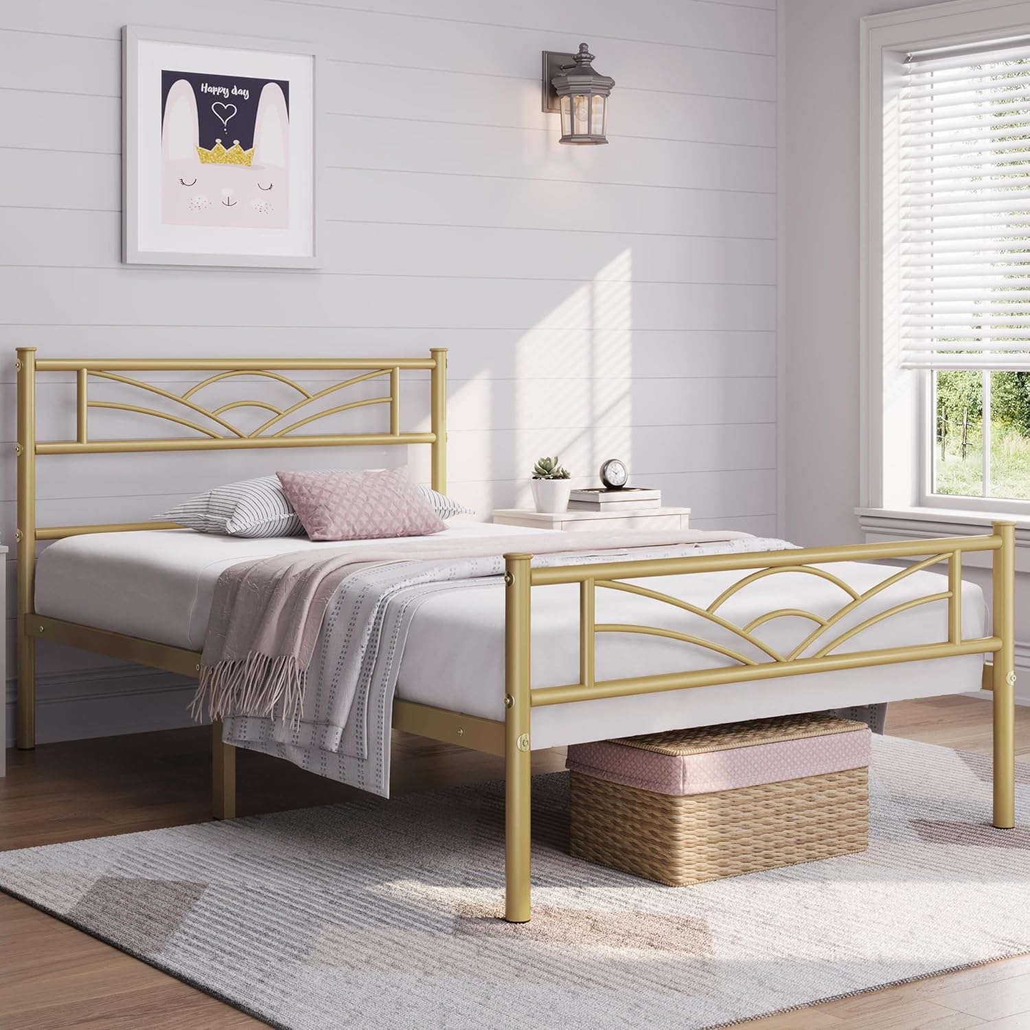 Yaheetech Base de cama de tamaño individual con plataforma de metal con cabecera, estribo, amplio almacenamiento debajo de la cama, no necesita