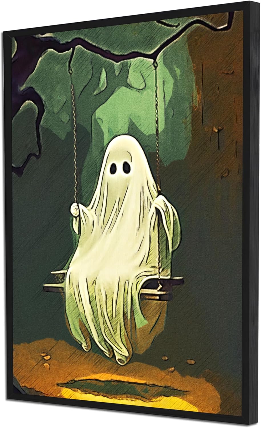 Lienzo decorativo para pared de fantasma, divertido póster de fantasma en columpio de bosque, impresión artística de Halloween (18 x 12 pulgadas,