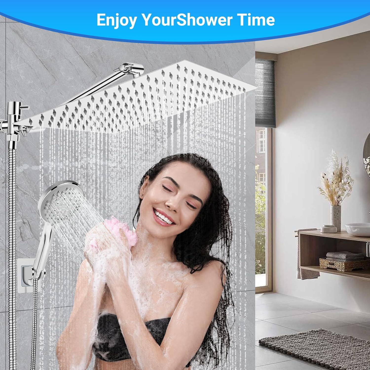 Cabezal de ducha de lluvia de 10 pulgadas con rociador de mano, cabezal de ducha de lluvia con brazo de extensión ajustable de 11 pulgadas, 5