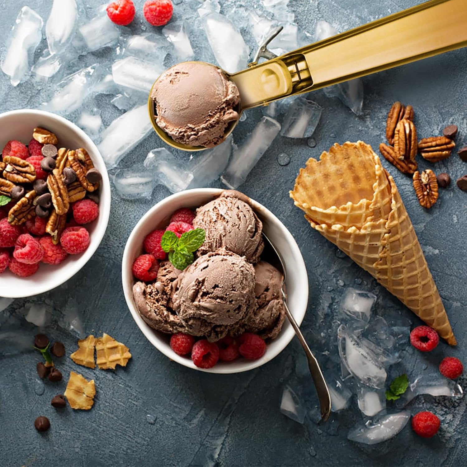 Cuchara de helado de alta calidad con gatillo de acero inoxidable, cuchara de metal resistente para helados, apta para lavavajillas, perfecta para