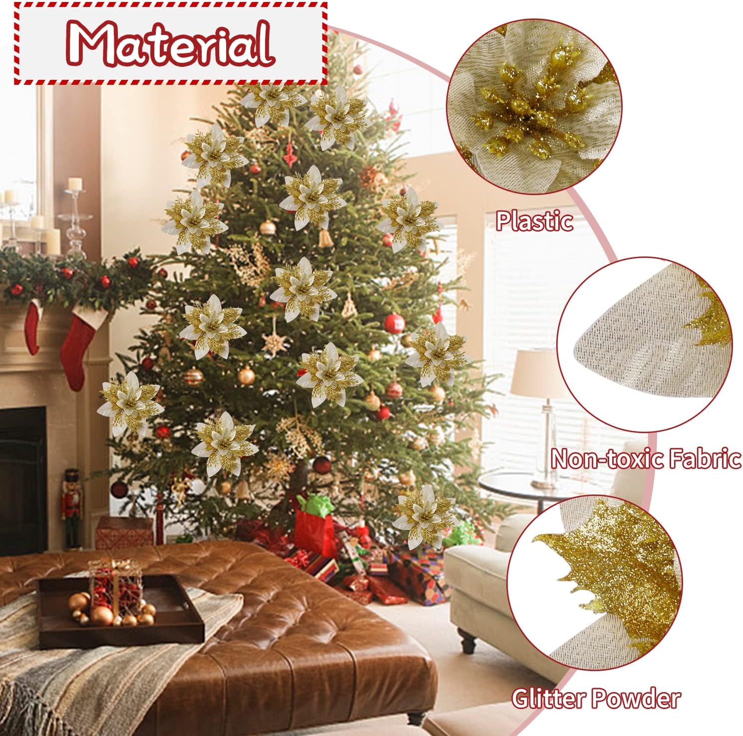 10 Pcs 13cm5.2in Poinsettia Artifical Flowers with Clips and Stems, Glitter Christmas Tree Ornaments Supplies for Xmas Wedding Party Happy New Year