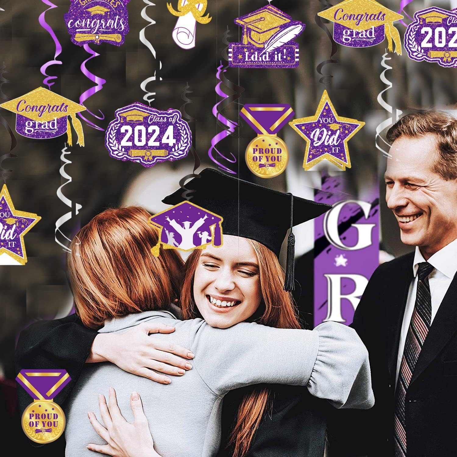 Decoraciones de graduación morado, negro y dorado 2024morado dorado, decoraciones de fiesta de graduación NYU, 15 espirales colgantes de clase de