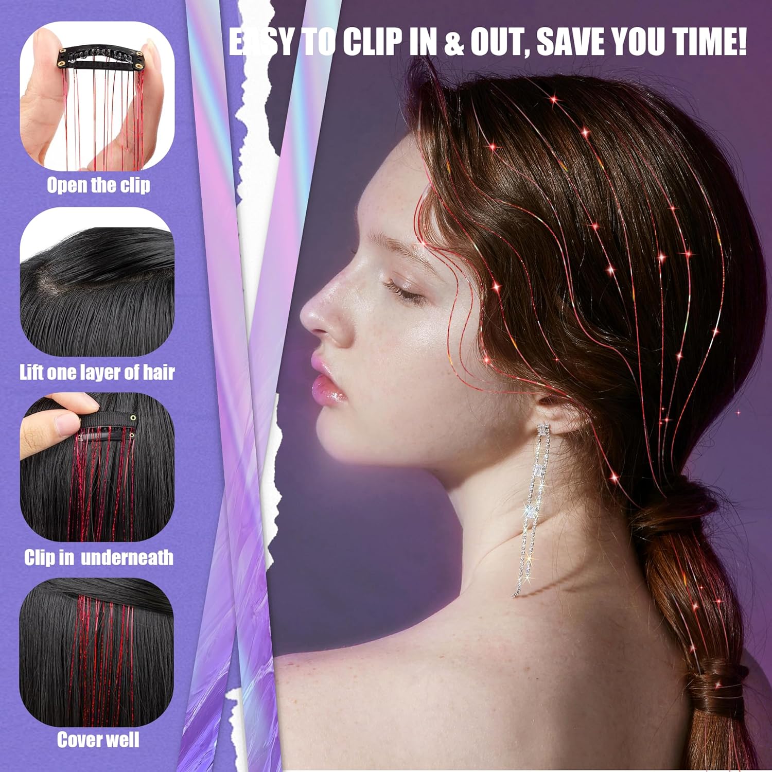 Kit de oropel con clip, 6 extensiones de cabello de oropel con clip, resistentes al calor de hadas con purpurina, accesorios para el cabello