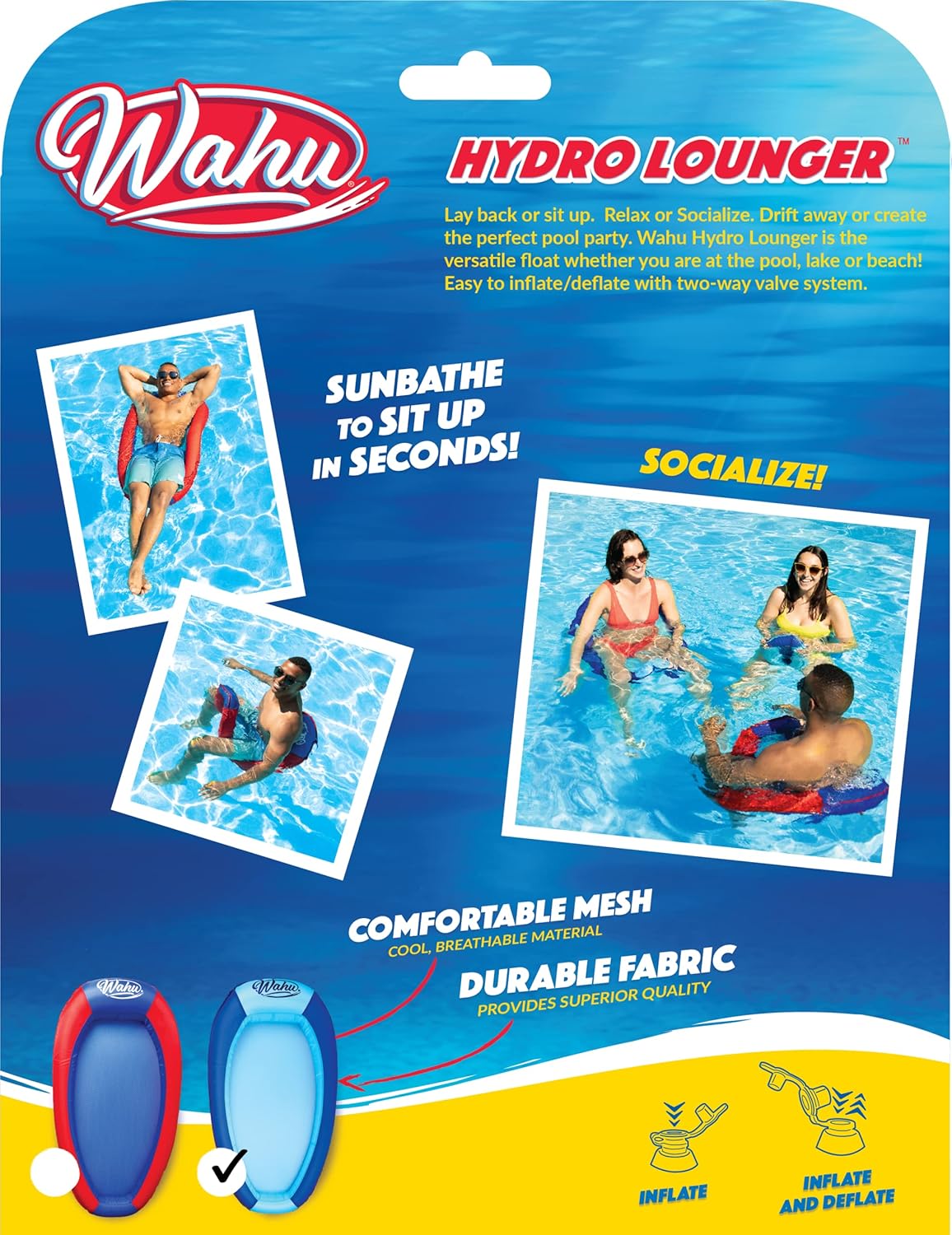 WAHU Hydro Lounger – Flotador versátil para tomar el sol, tumbona inflable para playa y piscina con válvula de infladodesinflado, azulazul claro
