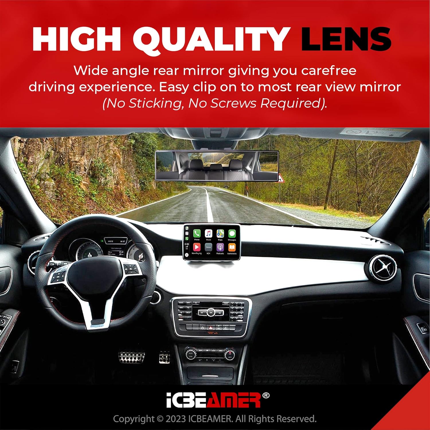 ICBEAMER – Espejo retrovisor interior convexo y transparente para automóvil de 11.8 pulgadas, fácil de enganchar, con un amplio ángulo panorámico,