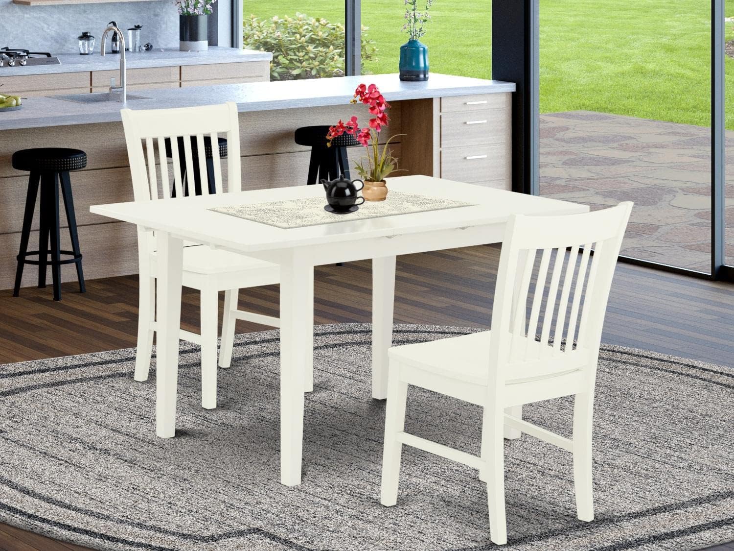 East West Furniture NOFK3-LWH-W – Juego de muebles de habitación de 3 piezas que contiene una mesa rectangular de madera con hoja de mariposa y 2