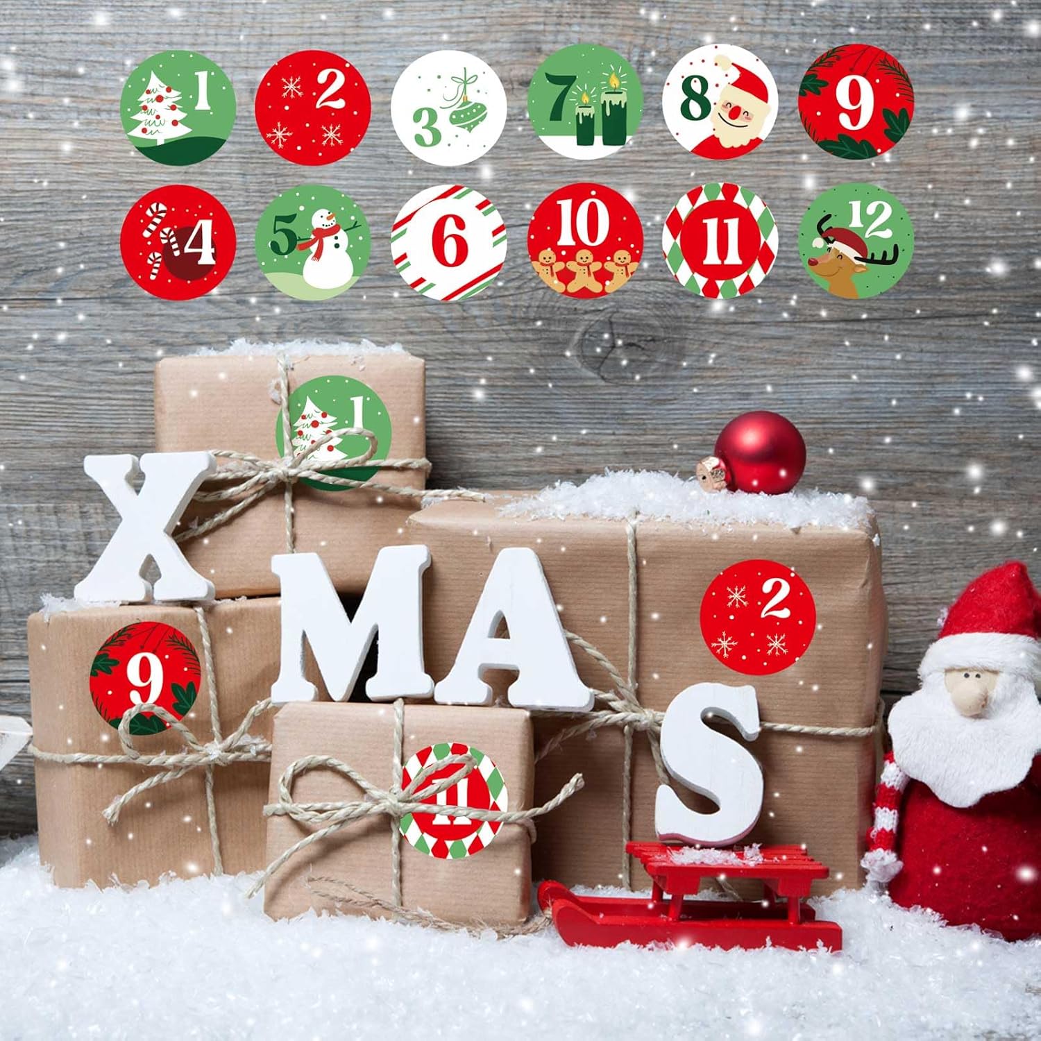 16 hojas de calcomanías de números del calendario de Adviento de Navidad, calcomanías de cuenta regresiva de 24 días, etiquetas de regalo de Navidad