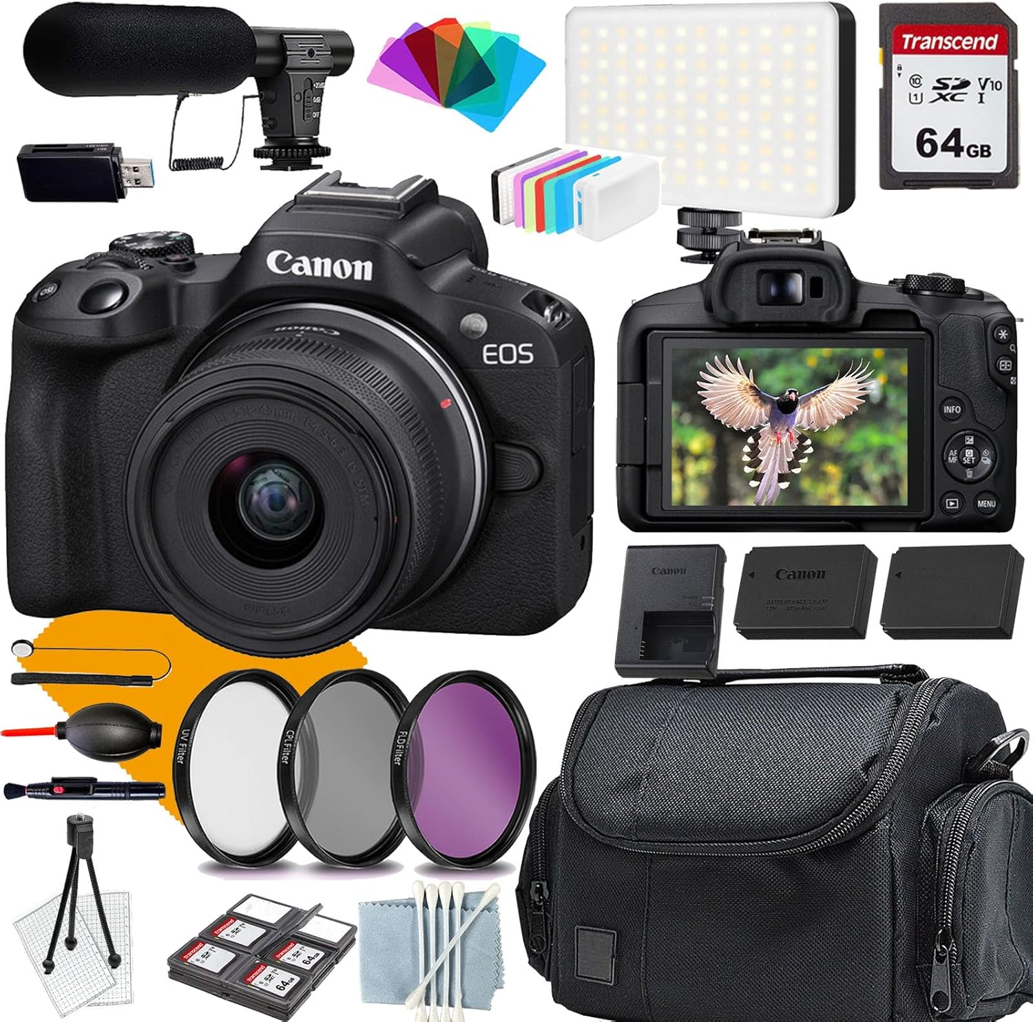 Canon Cámara EOS R50 con lente Canon RF-S de 0.709-1.772 in + kit de inicio Commander + filtros de lente + funda + tarjeta de memoria de 64 GB +