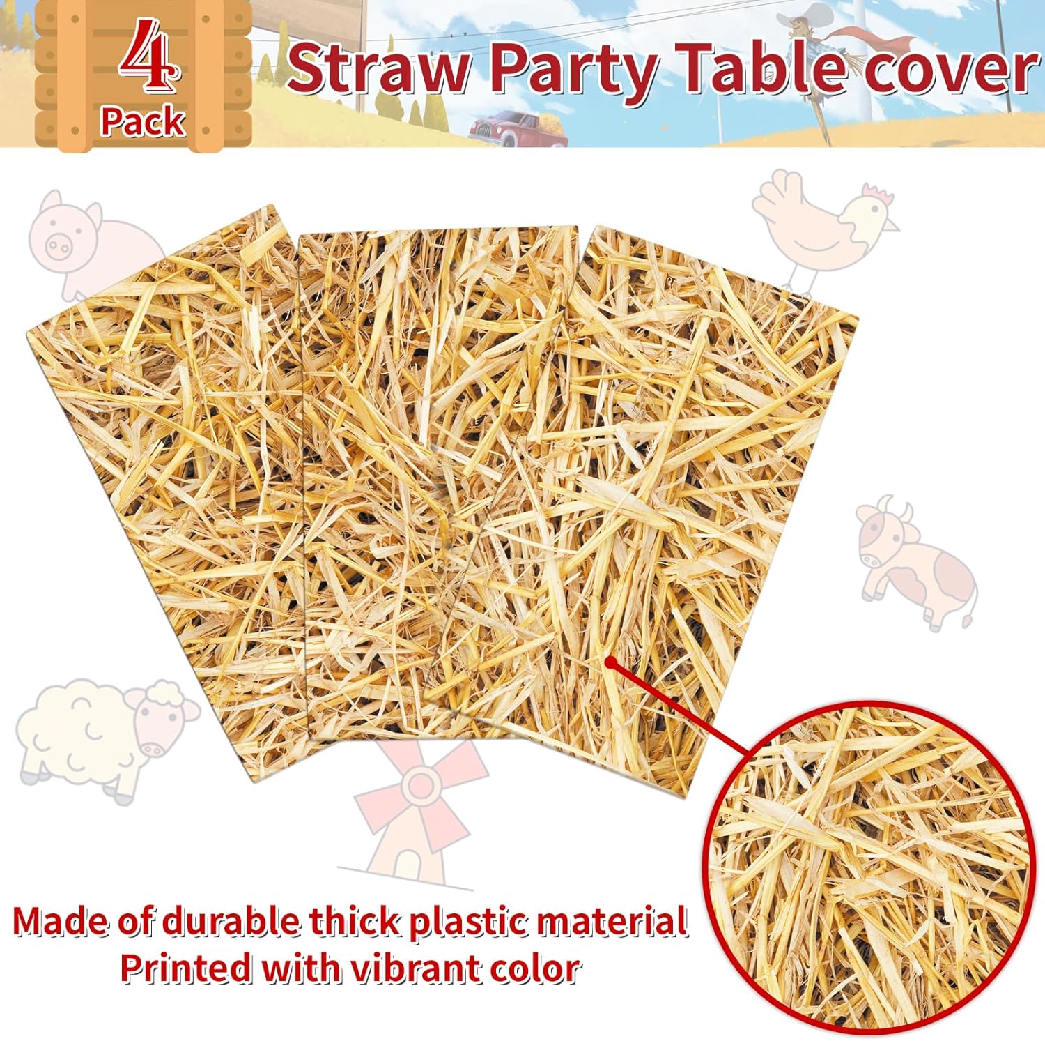 LANMANUO 4 manteles de paja con balas de heno para decoración, mantel de plástico impermeable de Western Farm, suministros de fiesta de vaquero, 54