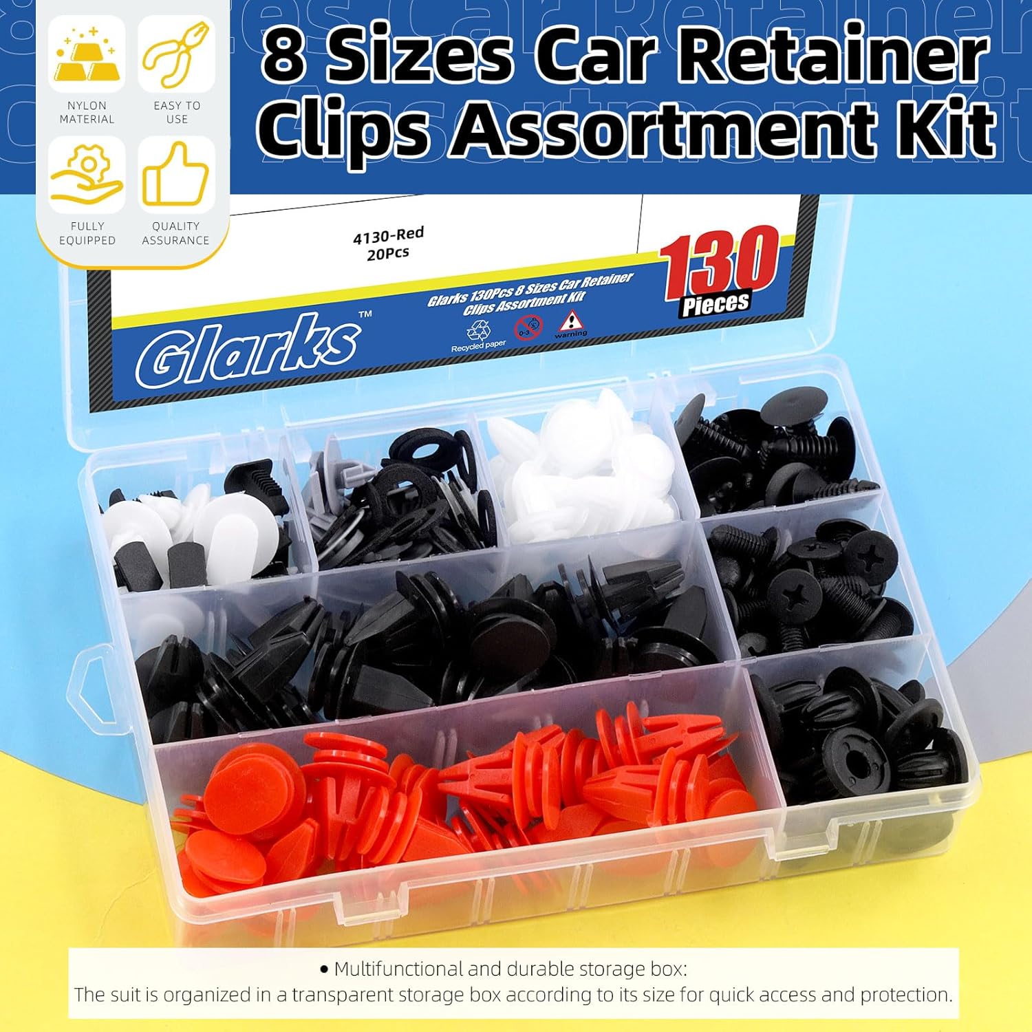 Glarks Juego de 130 clips de retención de empuje de automóvil de 8 estilos, clips de moldeo basculantes de nailon para parachoques de automóvil,