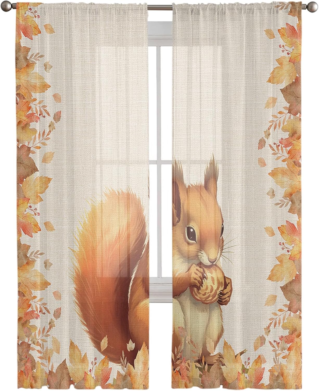 Thanksgiving Squirrel Voile Sheer Curtain 63 Inch Rod Pocket Kitchen Cafe Chiffon Window Curtain Panels Tulle Drape Curtains for Bedroom Living