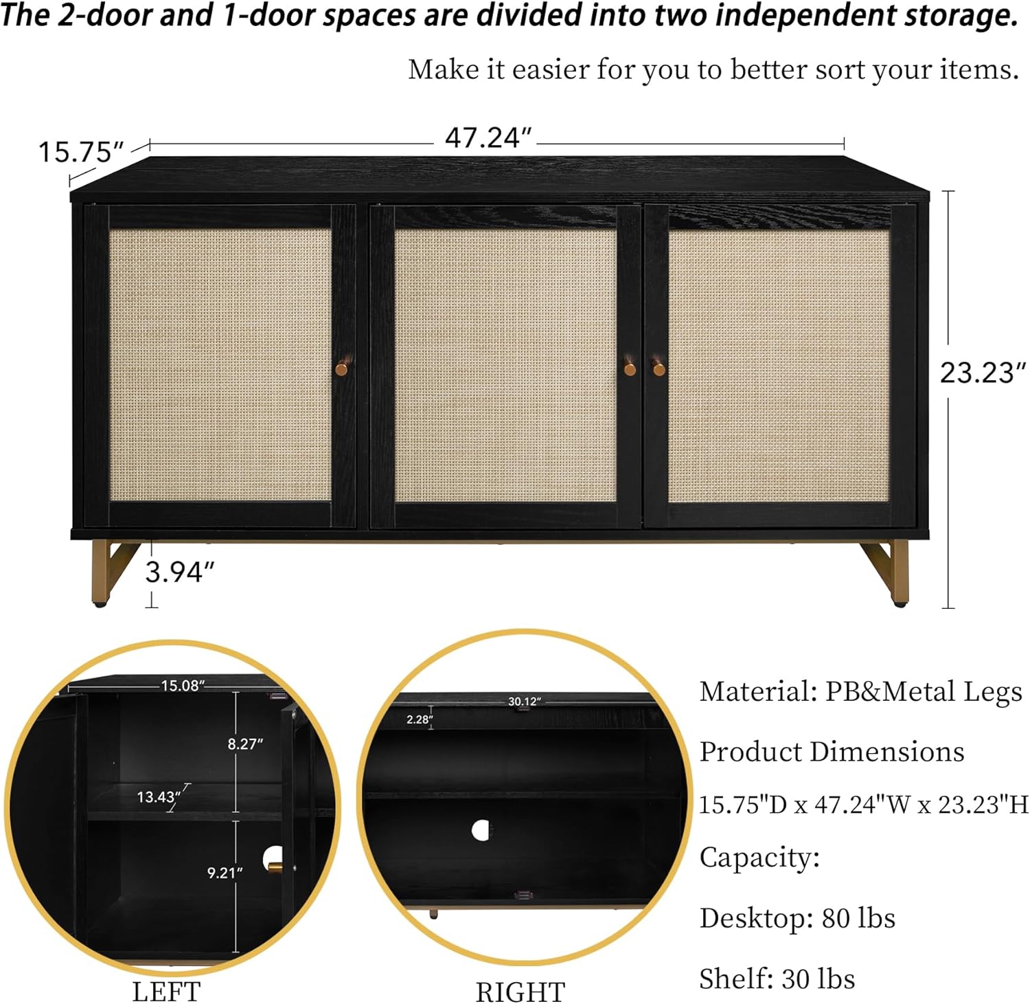 Aparador de buffet con puertas decoradas de ratán, gabinete de buffet, gabinete de ratán de 3 puertas con patas de metal para sala de estar,