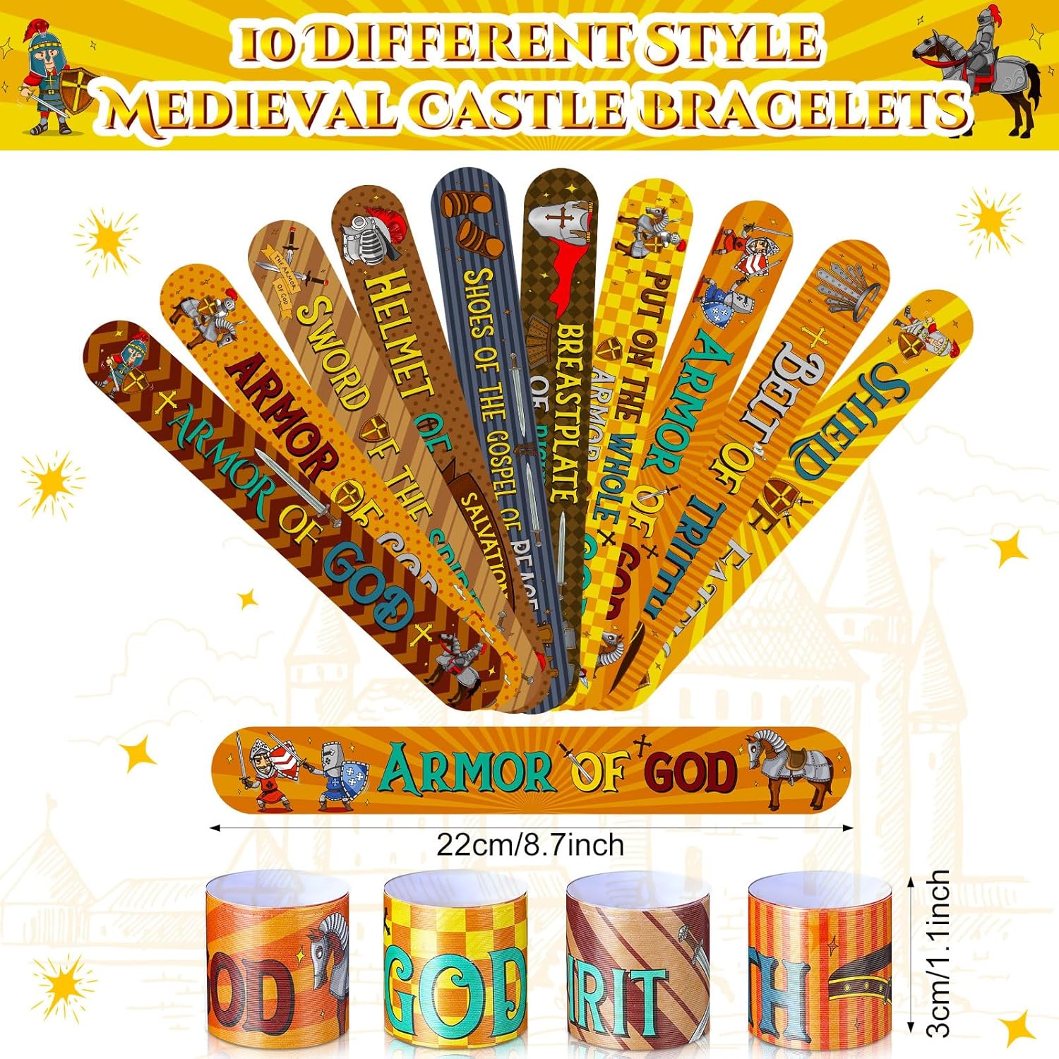 Frienda 40 pulseras de caballero bofetadas para niños, pulseras de bofetadas temáticas medievales a granel para fiestas, pulseras religiosas de