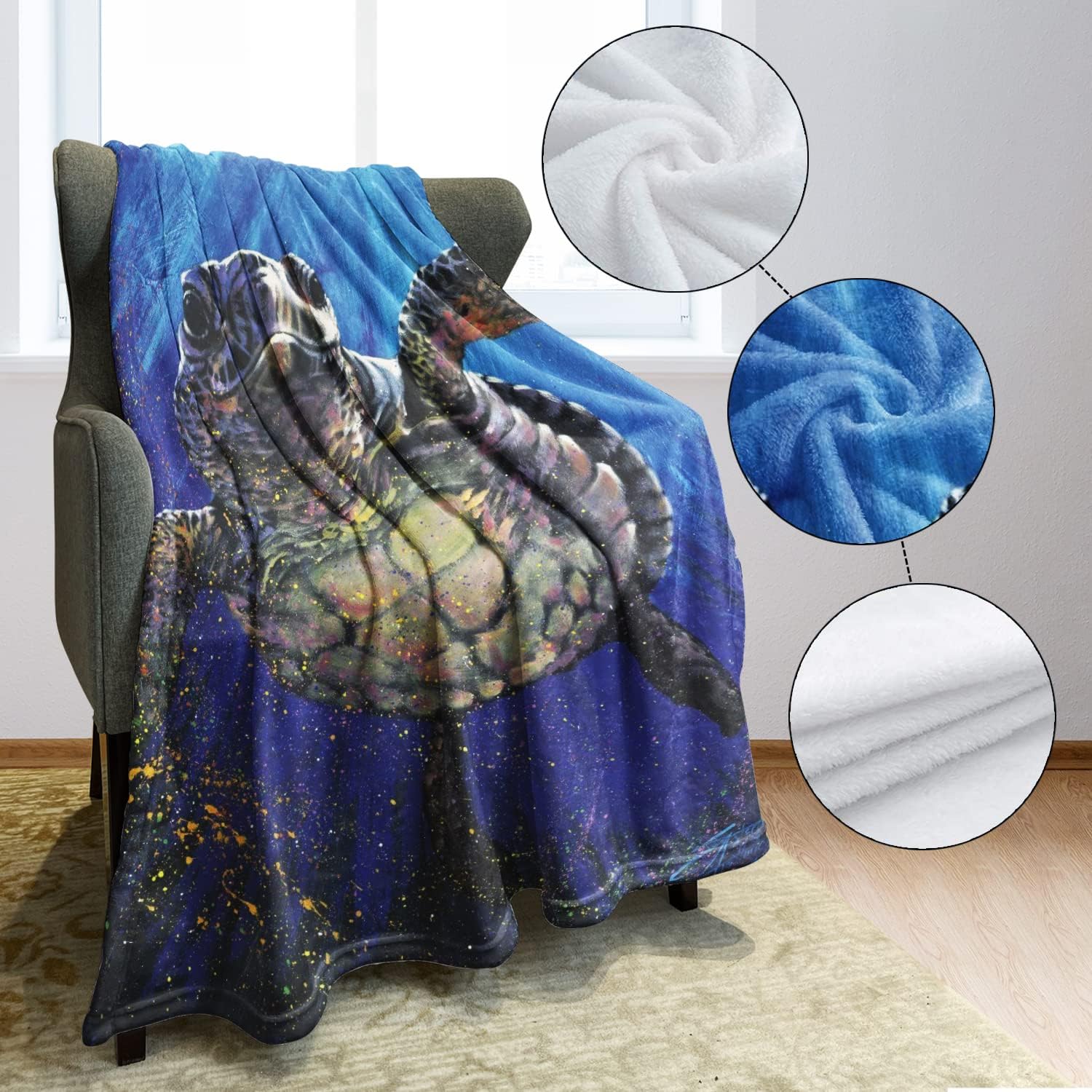 Manta de felpa suave y cálida de 60 x 80 pulgadas para sofá, tortuga marina, animal decorativo fino