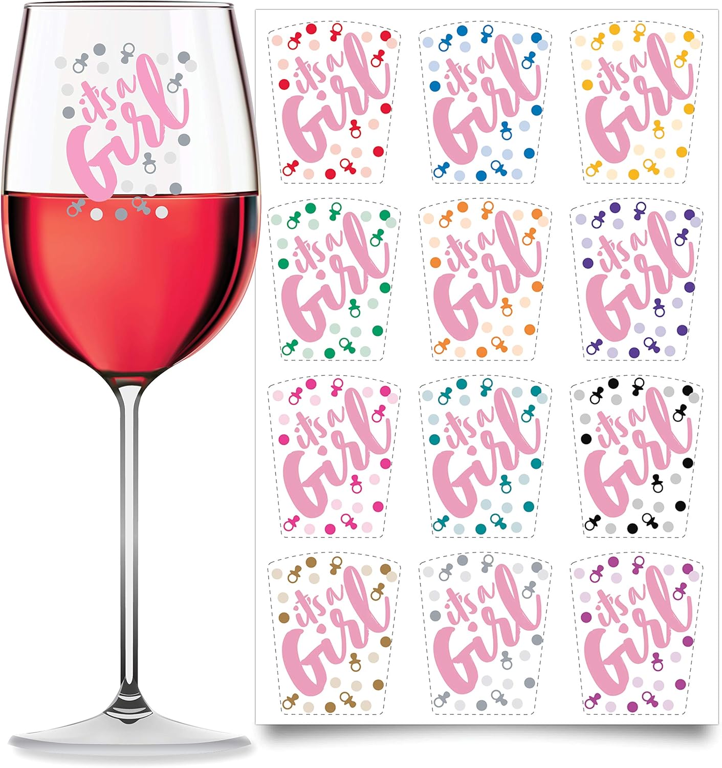 Marcadores de bebida 12 piezas  Calcomanías adhesivas estáticas reutilizables para baby shower (niña bebé)