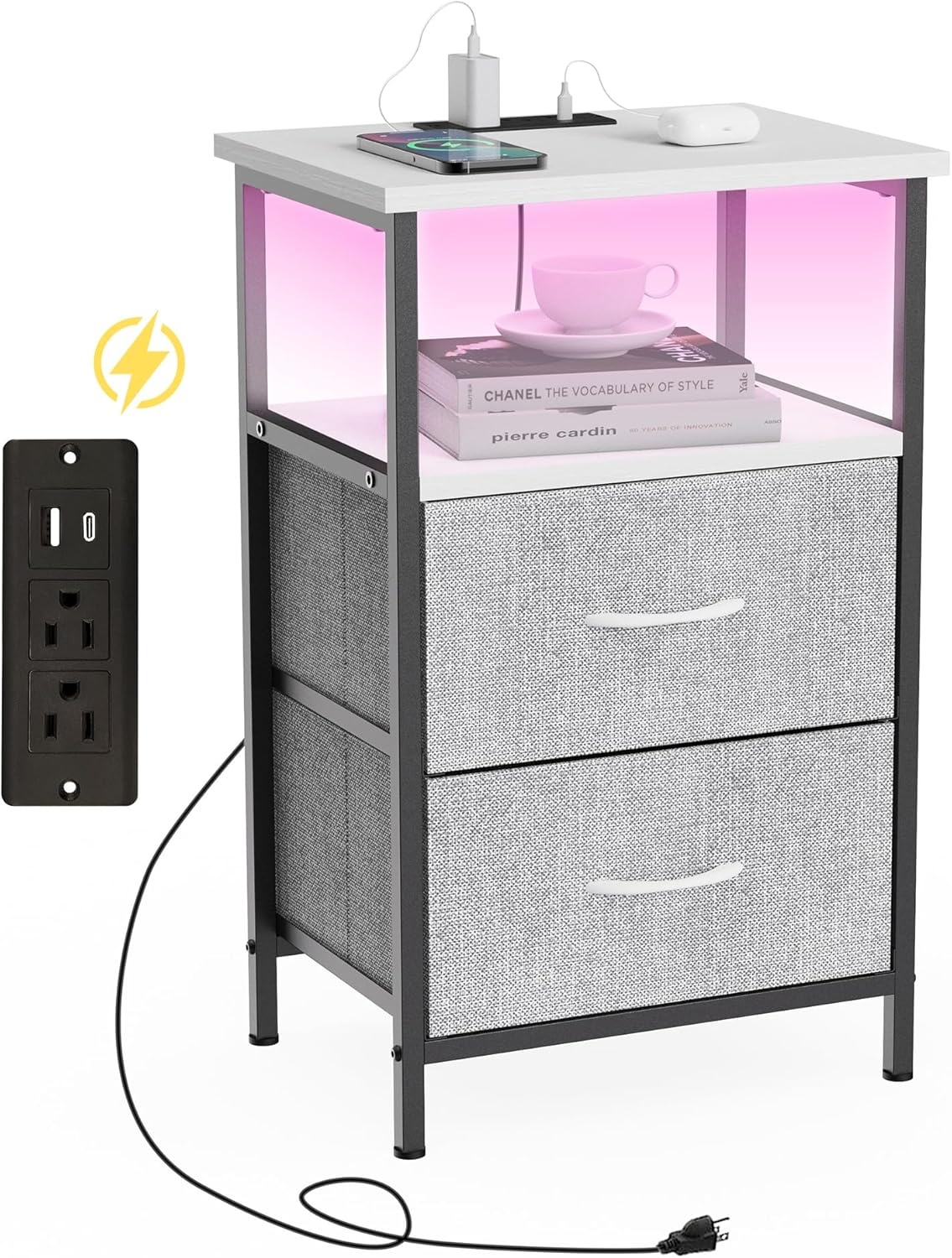 Innerjoin Mesita de noche con estación de carga puertos USB A y C, mesita de noche LED con 2 cajones y estante de almacenamiento, soporte de cama