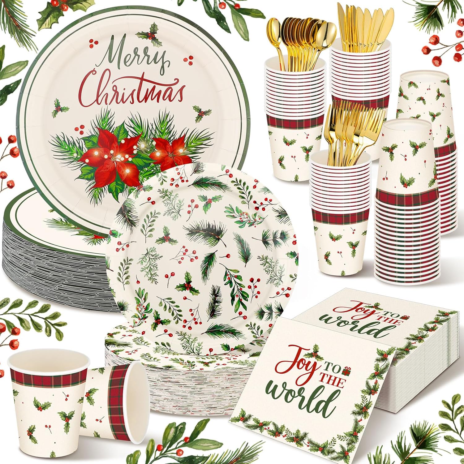Suttmin Juego de vajilla desechable de 350 piezas de Navidad, sirve 50, platos de papel de Feliz Navidad, servilletas Joy to the World, servilletas