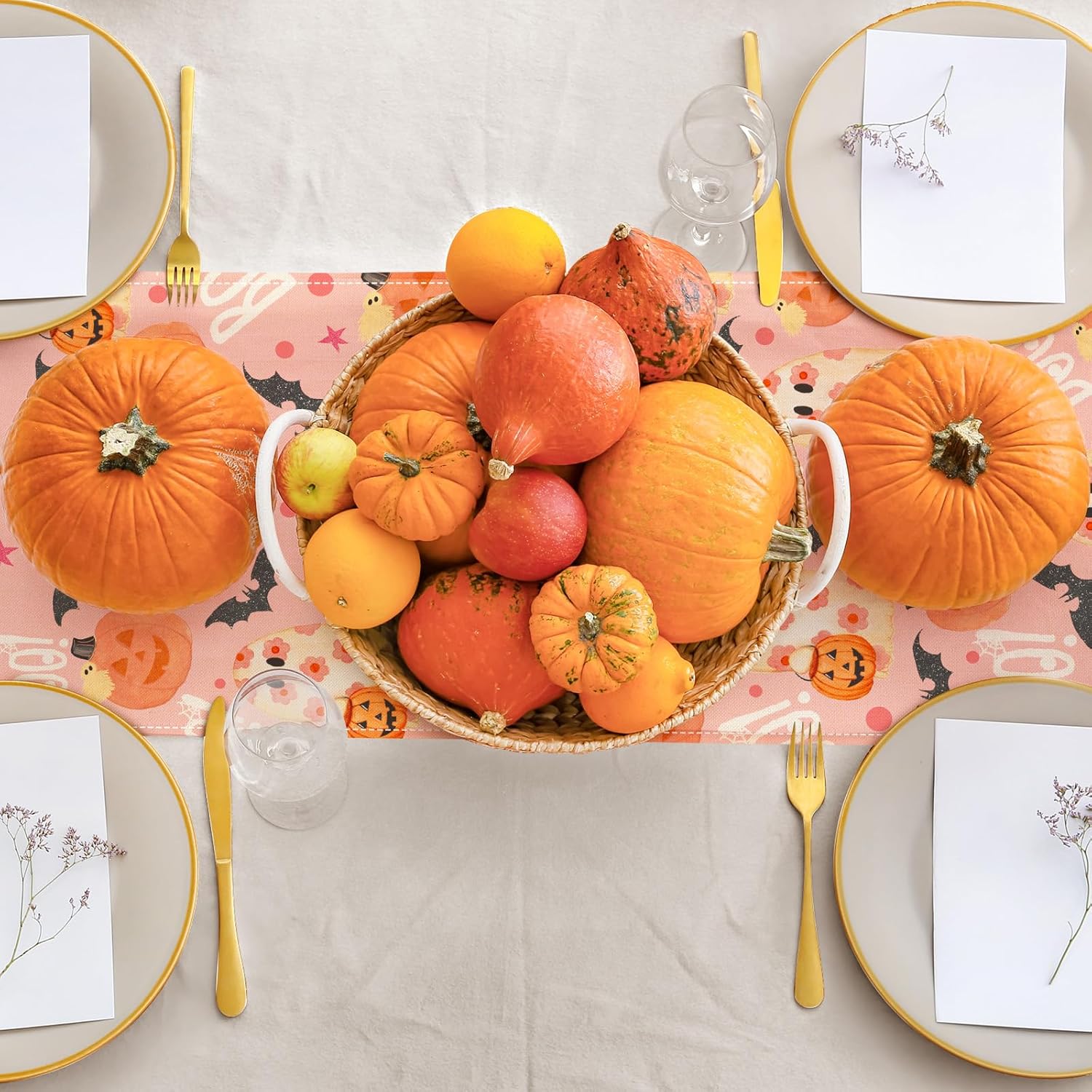 AnyDesign Camino de mesa de Halloween de color rosa, fantasma, calabaza, cubierta de mesa de cocina, comedor, decoración de mesa de Halloween,