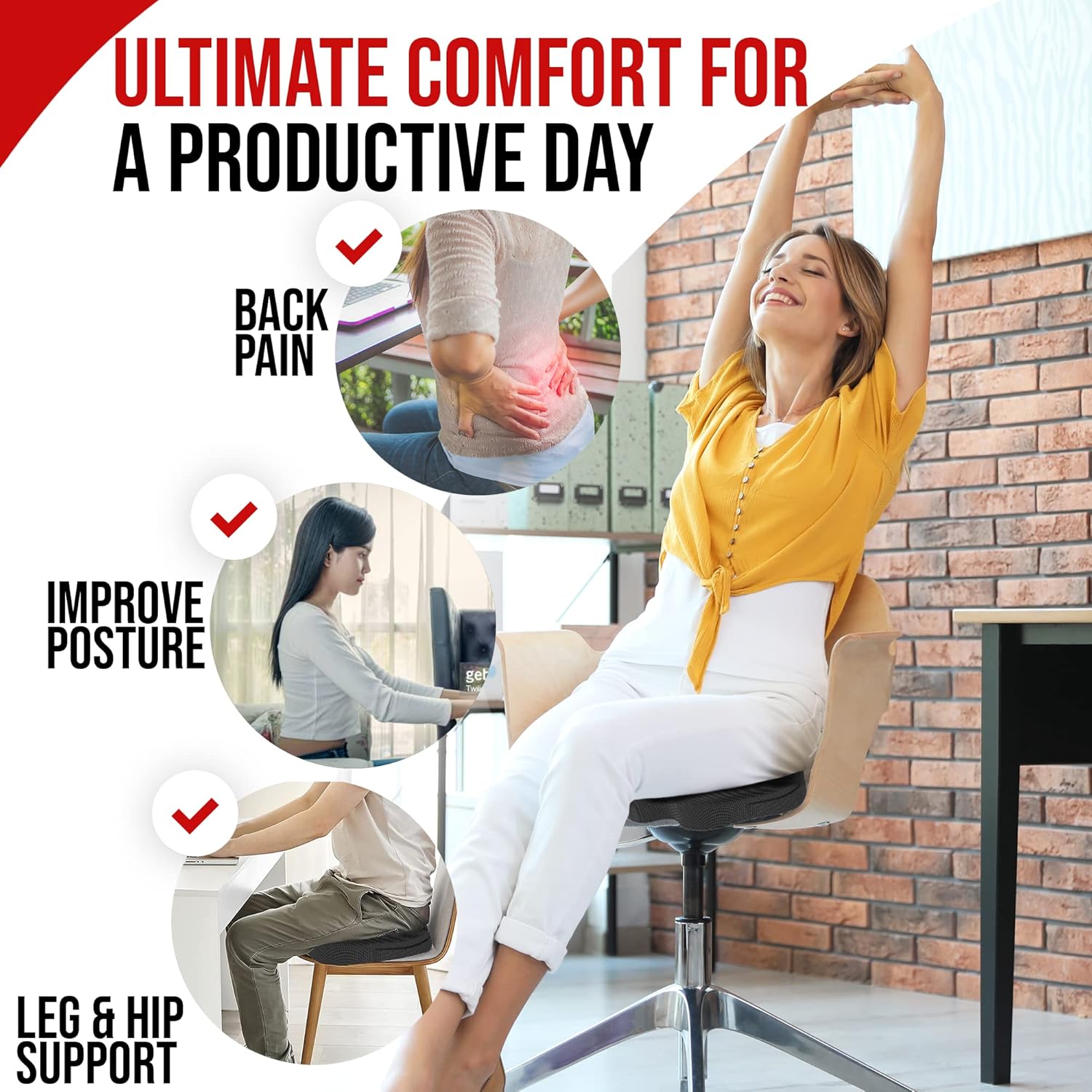 FORTEM Cojín para silla, cojín de asiento para oficina, soporte lumbar para silla, soporte de espalda de espuma viscoelástica funda lavable, XL