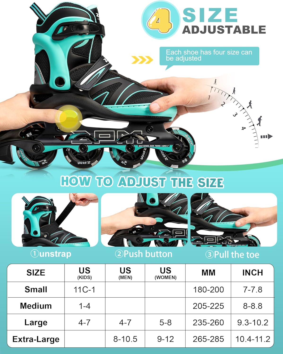 2PM SPORTS Patines en línea ajustables para niños de 4 a 12 años, patines Inlie para niñas y niños de 5 a 8 a 12 años con ruedas de luz completa,