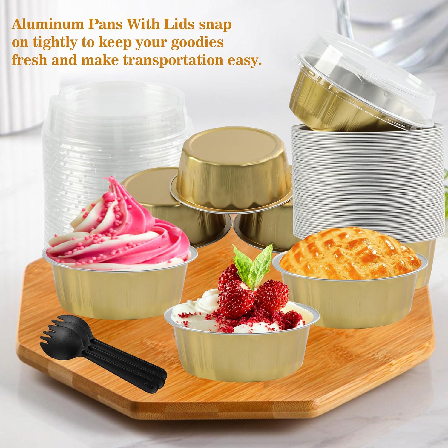 Moldes desechables de papel de aluminio Creme Brulee, 30 forros para cupcakes de 8 onzas con tapas, tazas para pasteles, mini moldes para pasteles