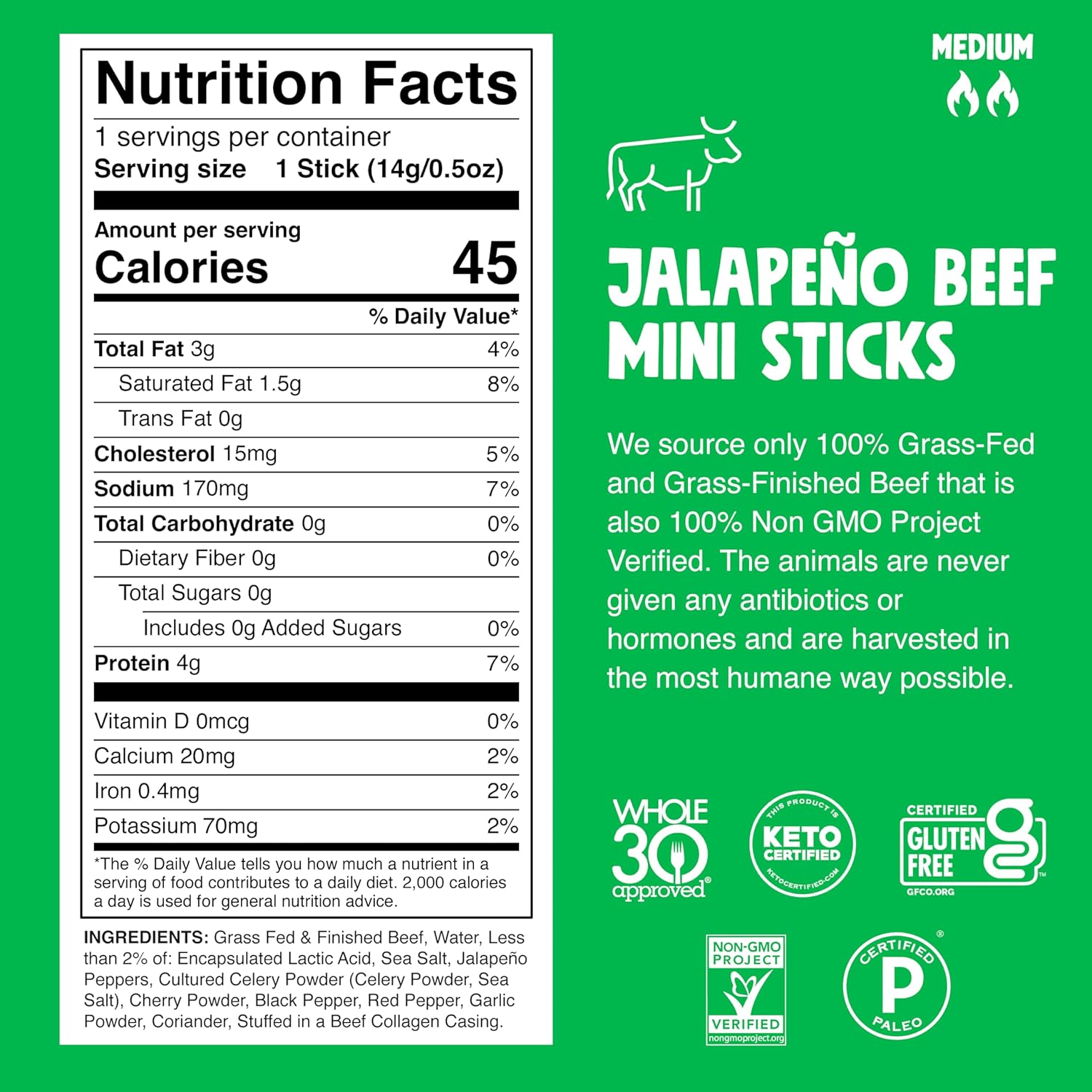 Chomps Palitos de carne seca jalapeña alimentada con pasto y acabada, 0.5 onzas, paquete de 24 unidades, Keto, Paleo, Whole30, 0.14 oz de proteína