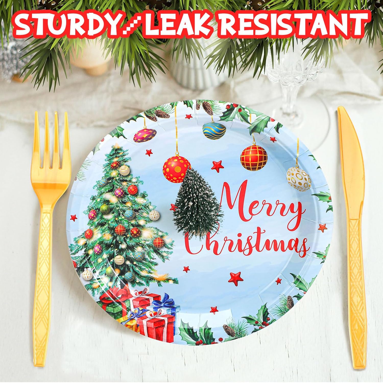 Juego de vajilla desechable de 350 piezas, sirve 50 unidades, platos de papel para camión de Navidad, servilletas de árbol de Navidad, tazas,