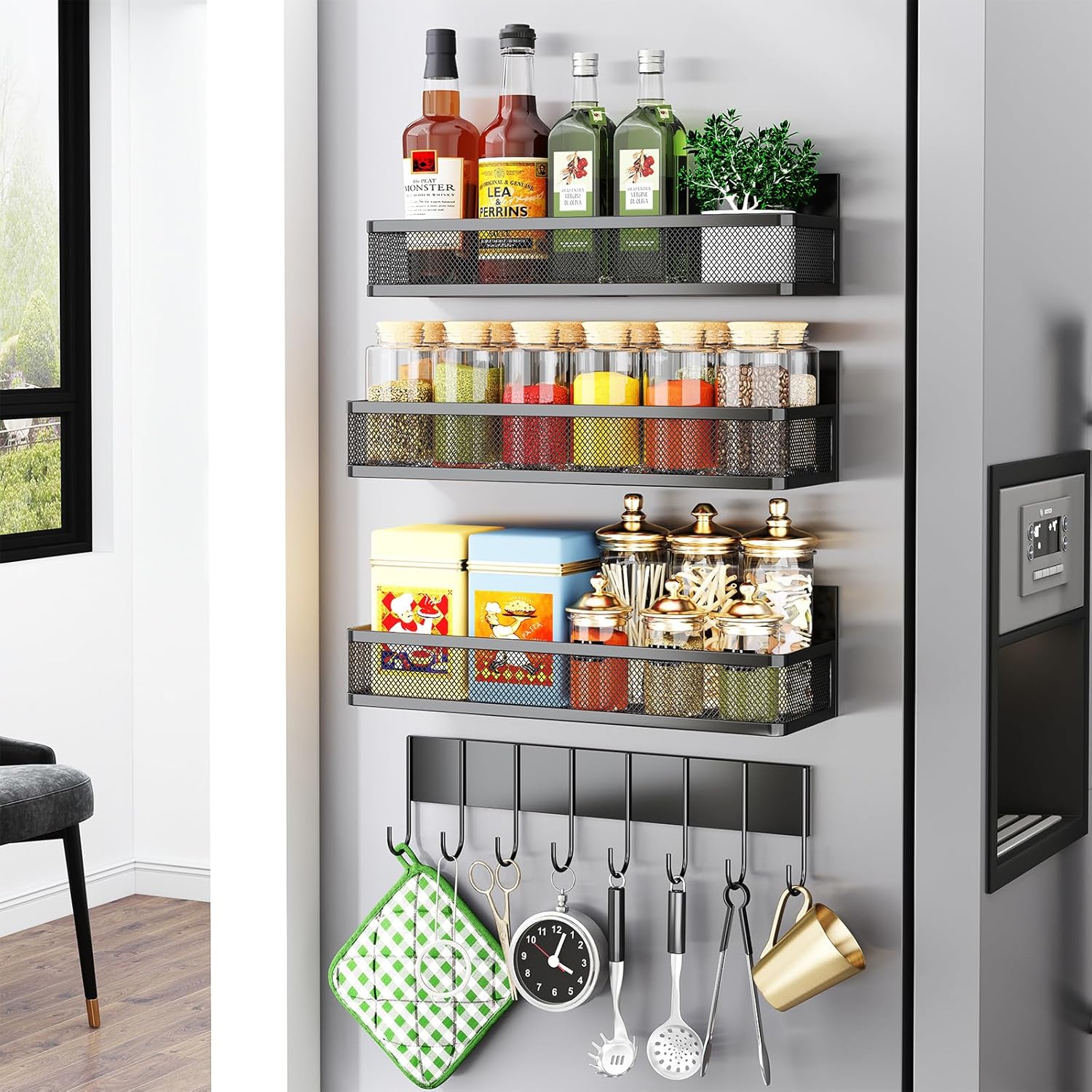 Miyawell Estante magnético para especias para refrigerador, paquete de 4 estantes magnéticos, estantes magnéticos para organización y almacenamiento
