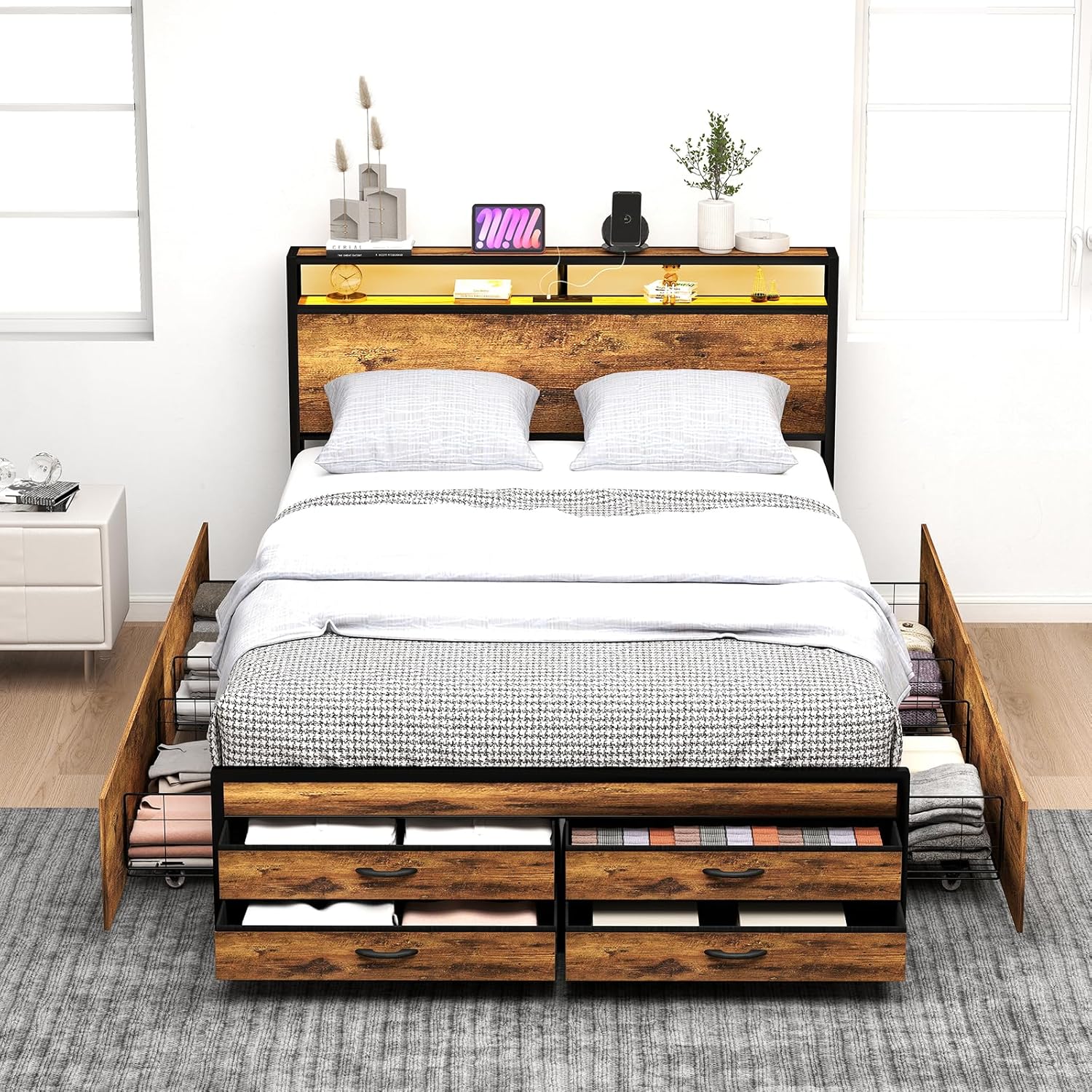 Base de cama tamaño Queen con 8 cajones de almacenamiento, cama de plataforma Queen resistente con cabecera y estribo de madera, diseño sin ruido,