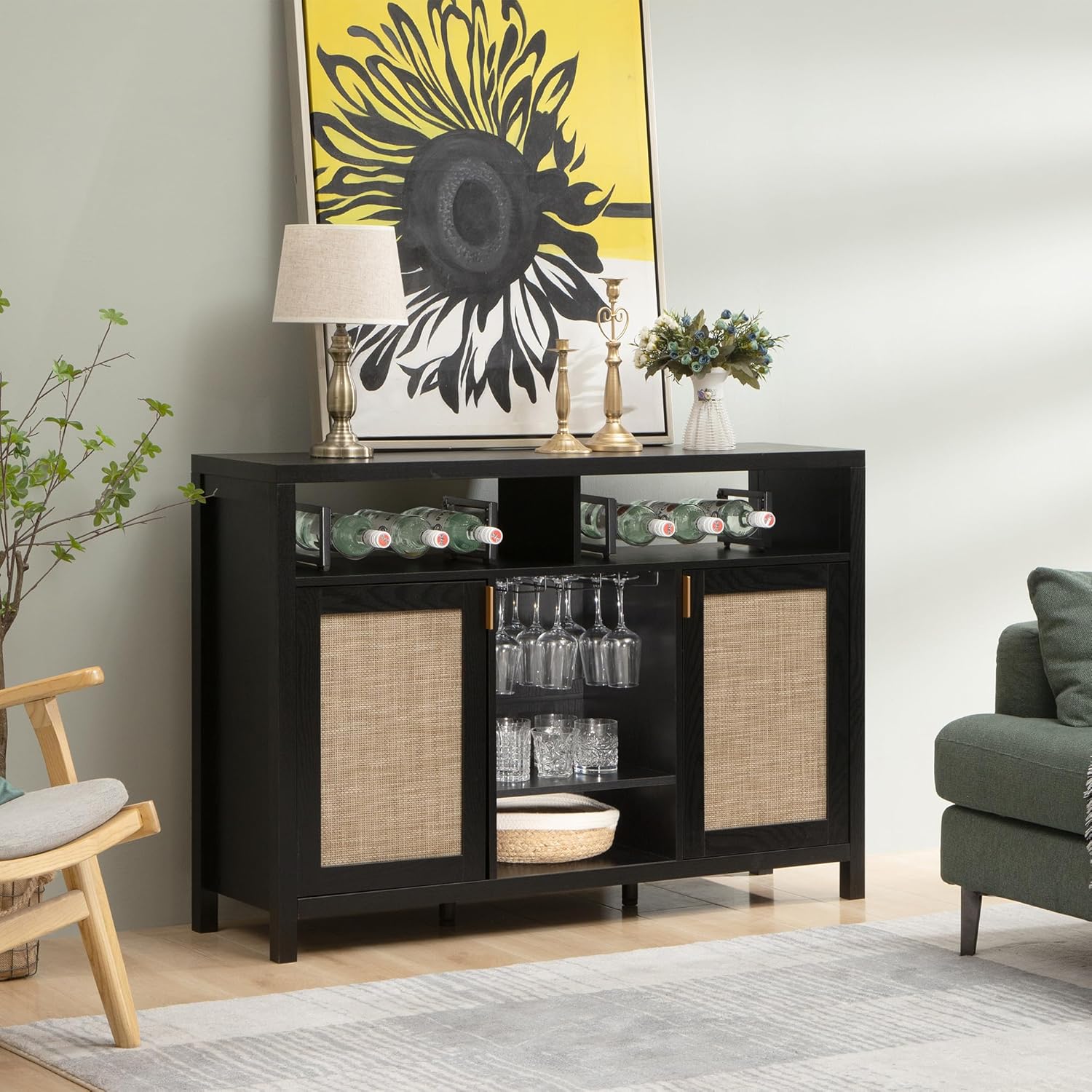 SICOTAS Gabinete de ratán para cafetería, aparador de 51 pulgadas con almacenamiento, armario moderno para licores con estantes para vino, mesa de