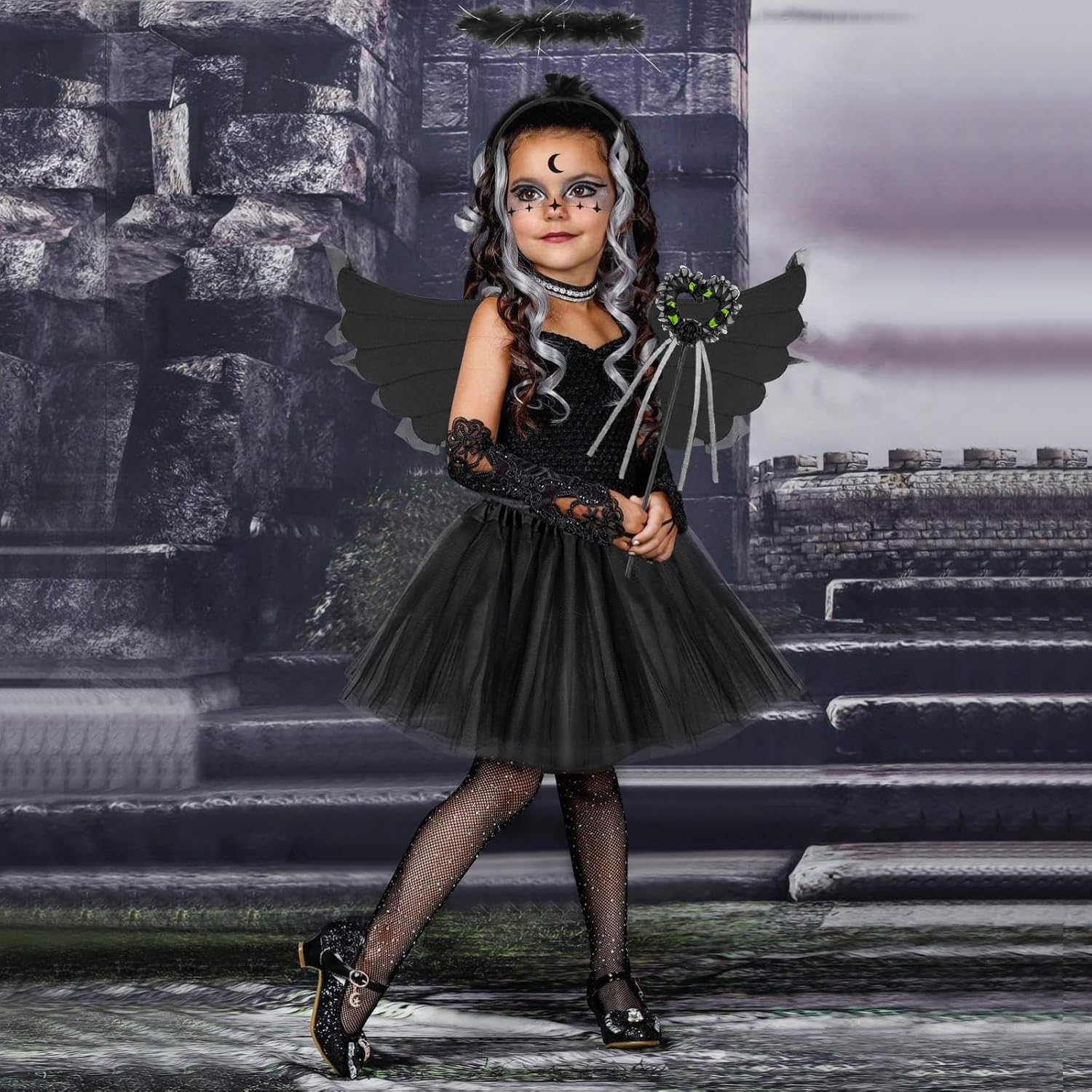 SelfTek 5 piezas de disfraz de ángel caído para niñas, alas de ángel oscuras negras y halo, falda tutú para niños de 3 a 12 años, vestido de cosplay