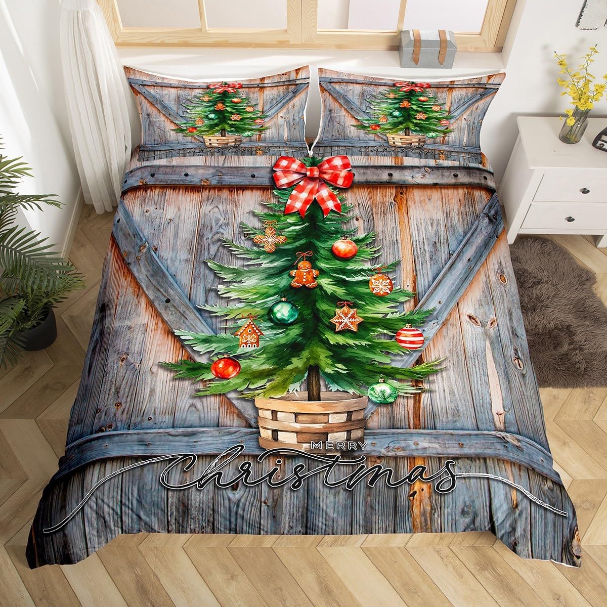 Manfei Juego de funda de edredón para niños con árboles de Navidad, tamaño King, juego de ropa de cama rústica con puerta de madera estilo granero,