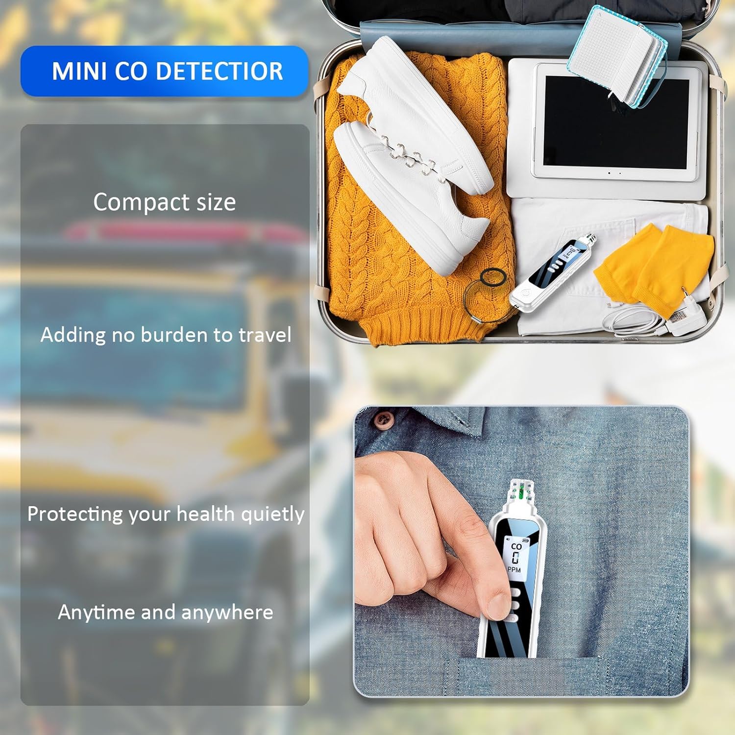 Detector portátil de monóxido de carbono, mini alarma de CO de viaje, rango de detección de 0-1000PPM, monitor de calidad de aire CO, con 2*