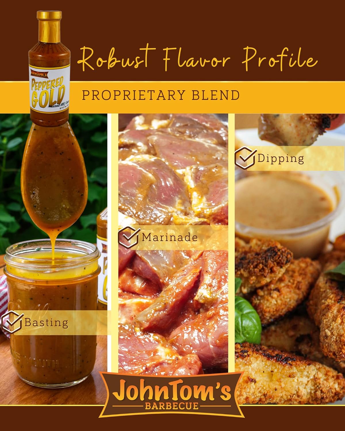 JohnTom’s Barbecue Salsa dorada con pimienta  Salsa gourmet BBQ de 20 oz. Botella  Hecha con todos los ingredientes naturales. Bueno como adobo de