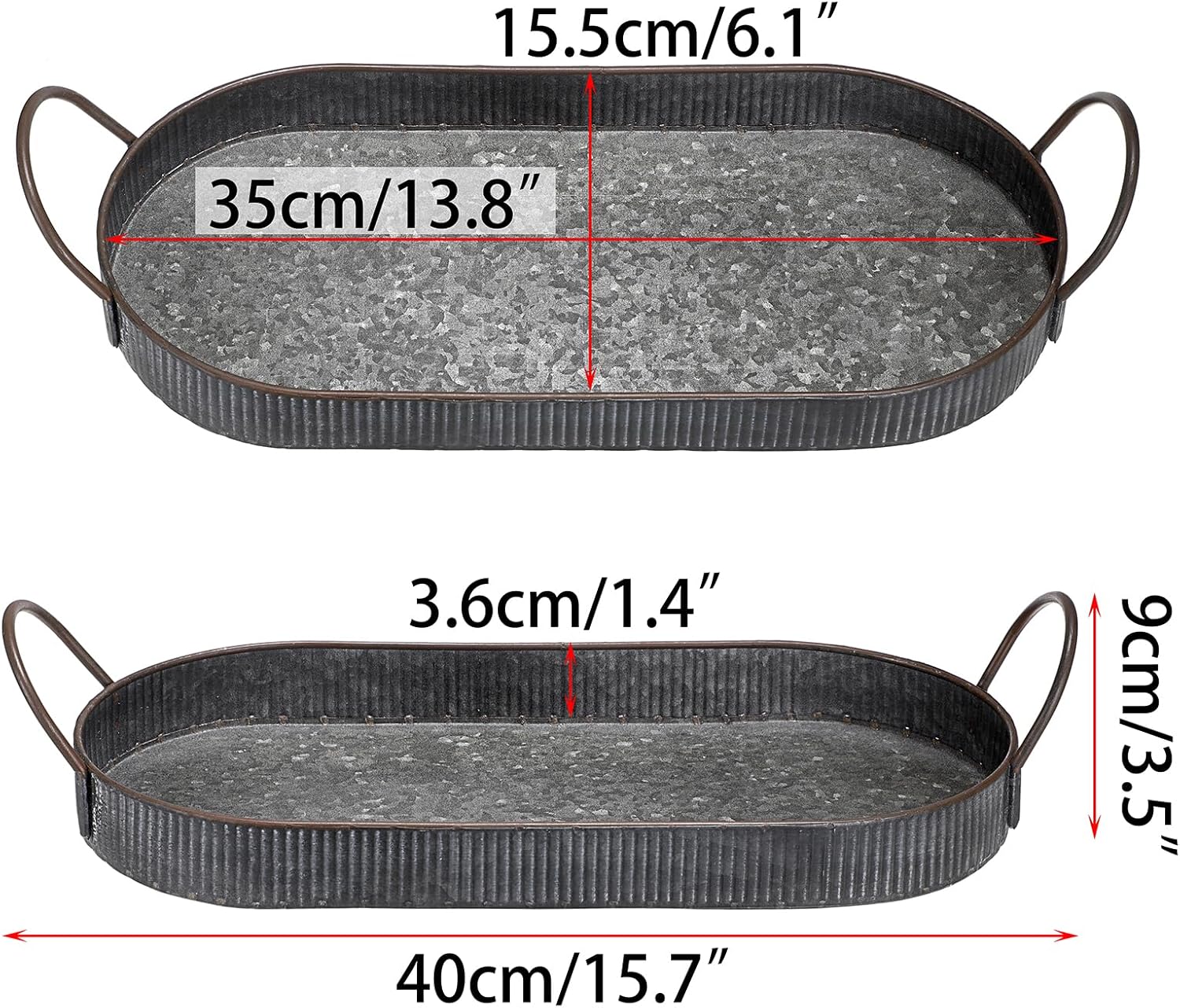 Hipiwe Bandeja ovalada de hierro de metal galvanizado con asa, bandeja de almacenamiento de estilo industrial, bandeja decorativa rústica para mesa