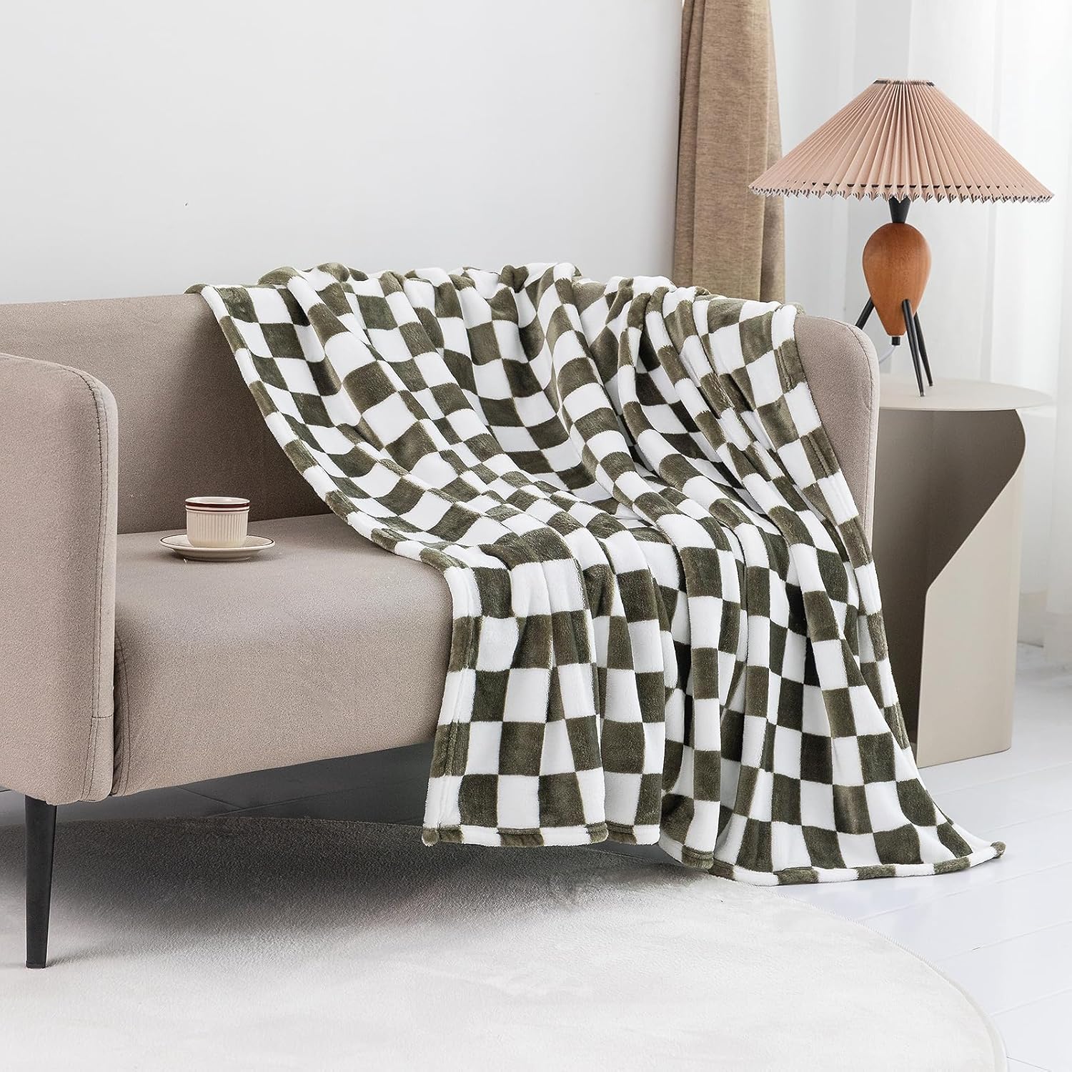 LOMAO Manta de franela con patrón de cuadrícula de ajedrez, suave, lujosa, cálida y acogedora para sofá y cama, para todas las estaciones (oliva
