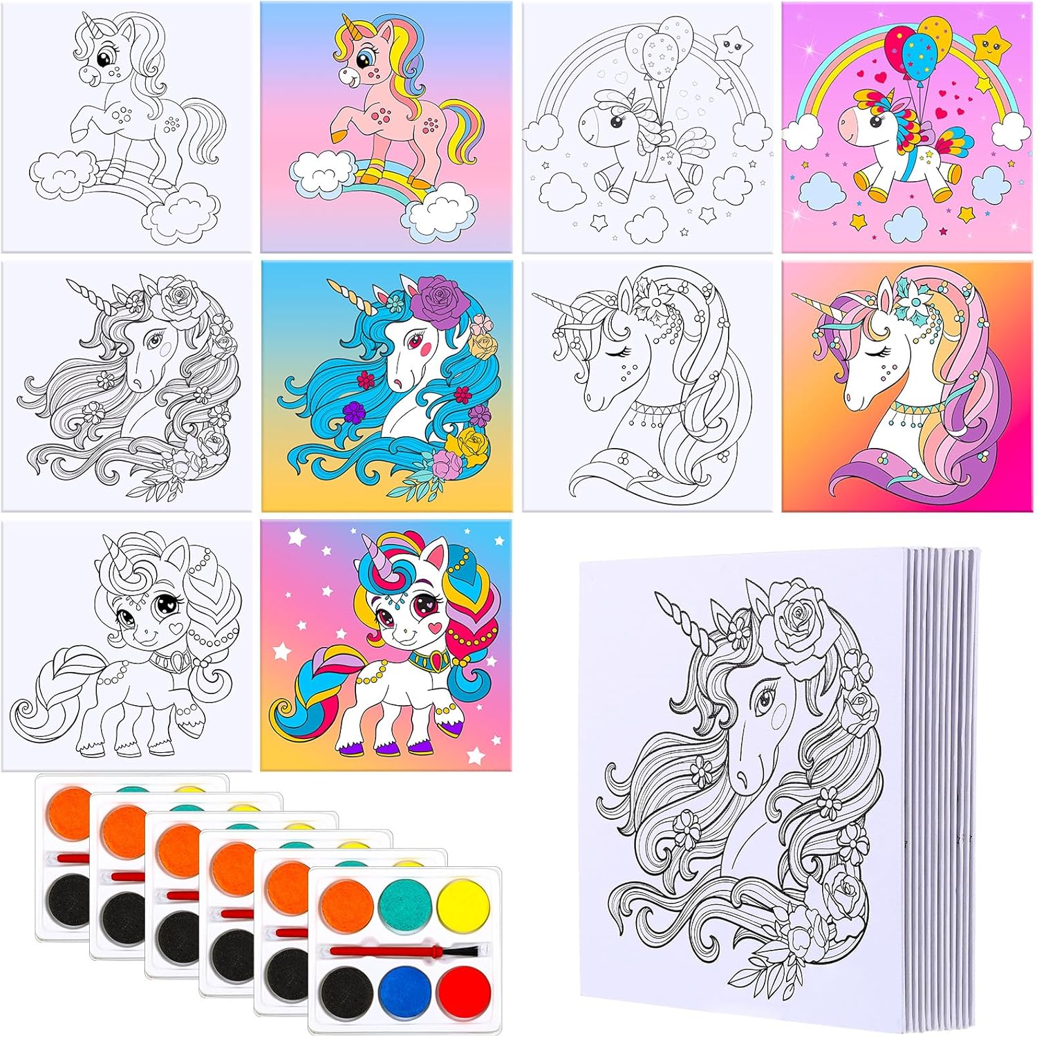 Ireer Paquete de 12 kits de pintura de unicornio, 12 lienzos predibujados para pintar con 12 piezas de pintura sólida de 6 colores y 12 pinceles de