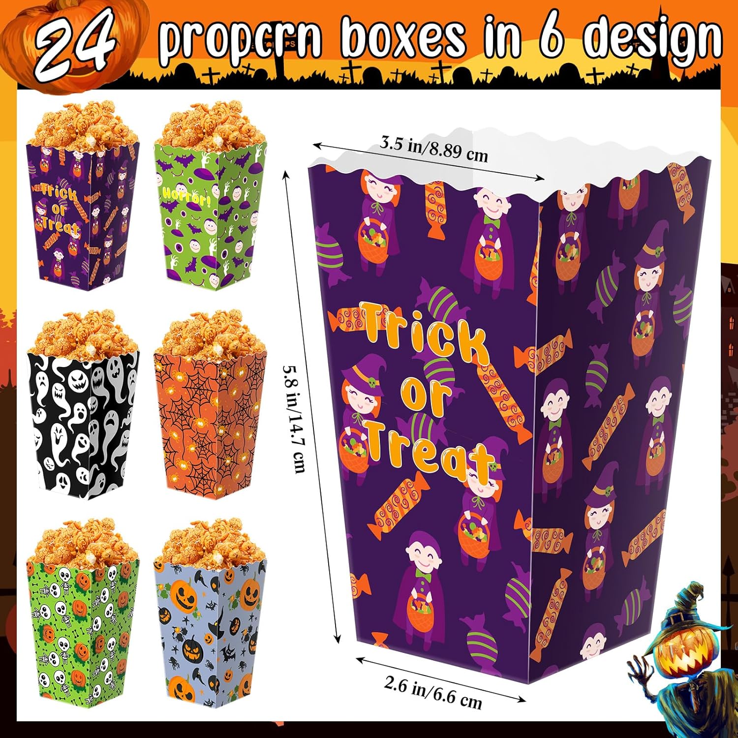 24 cajas de regalo de palomitas de maíz para fiestas temáticas de Halloween en 6 diseños, caja de golosinas para dulce o truco, contenedor de