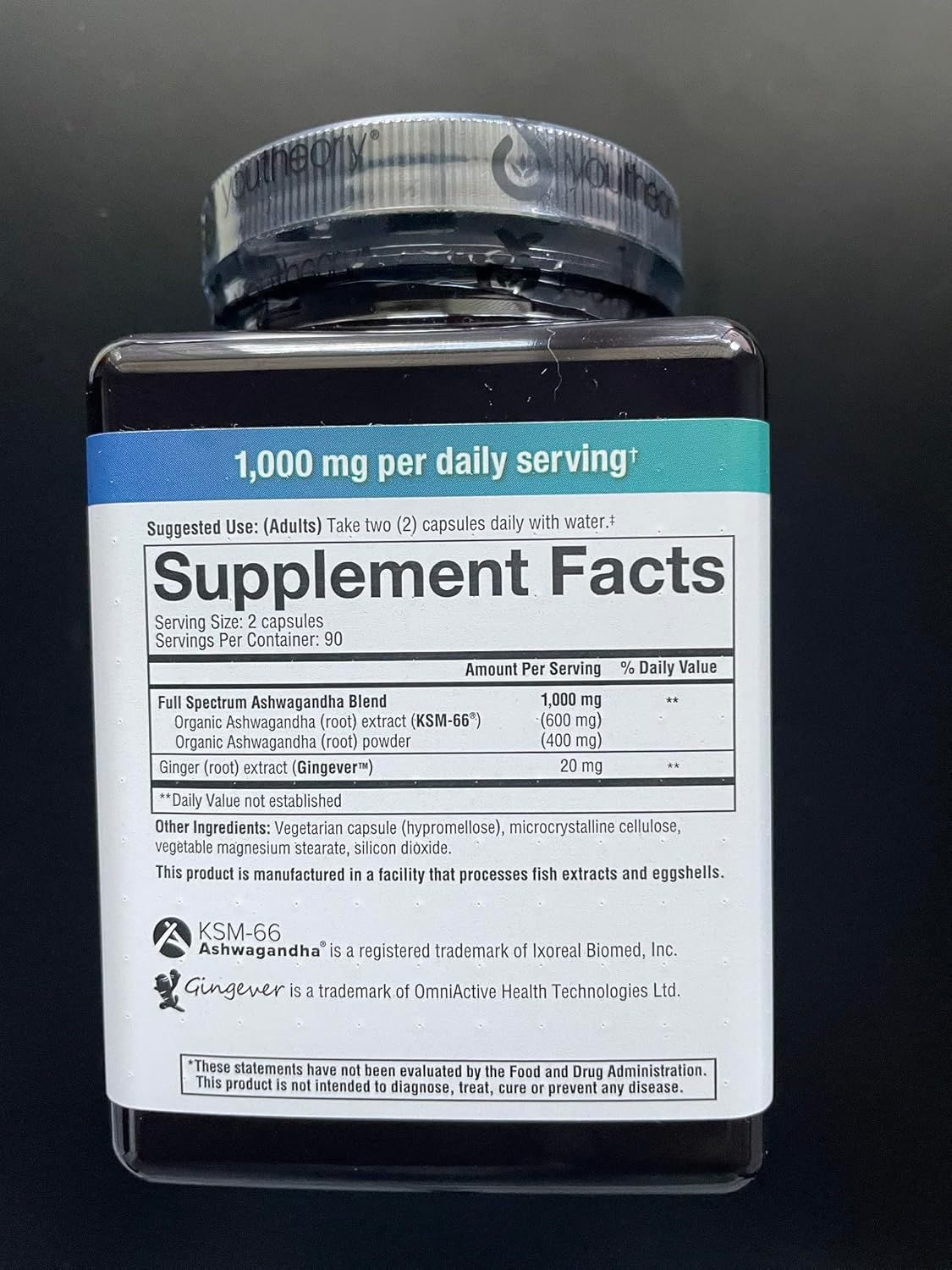 Youtheory Ashwagandha 1000mg con KSM-66 – Ayuda a apoyar una respuesta saludable al estrés, 180 cápsulas (paquete de 1)